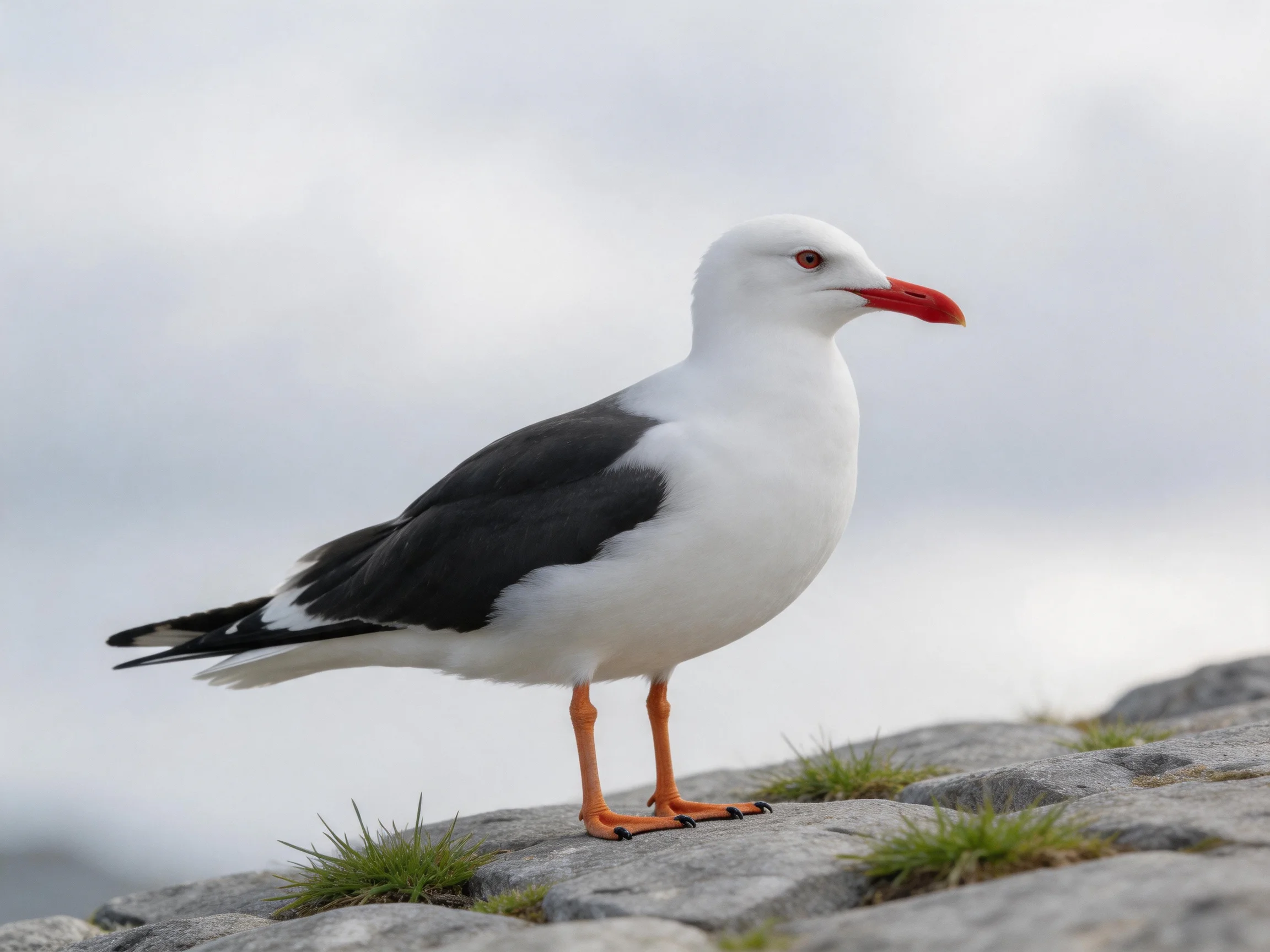 A Seagull with Black Wings and Orange Beak on Rocky Terrain