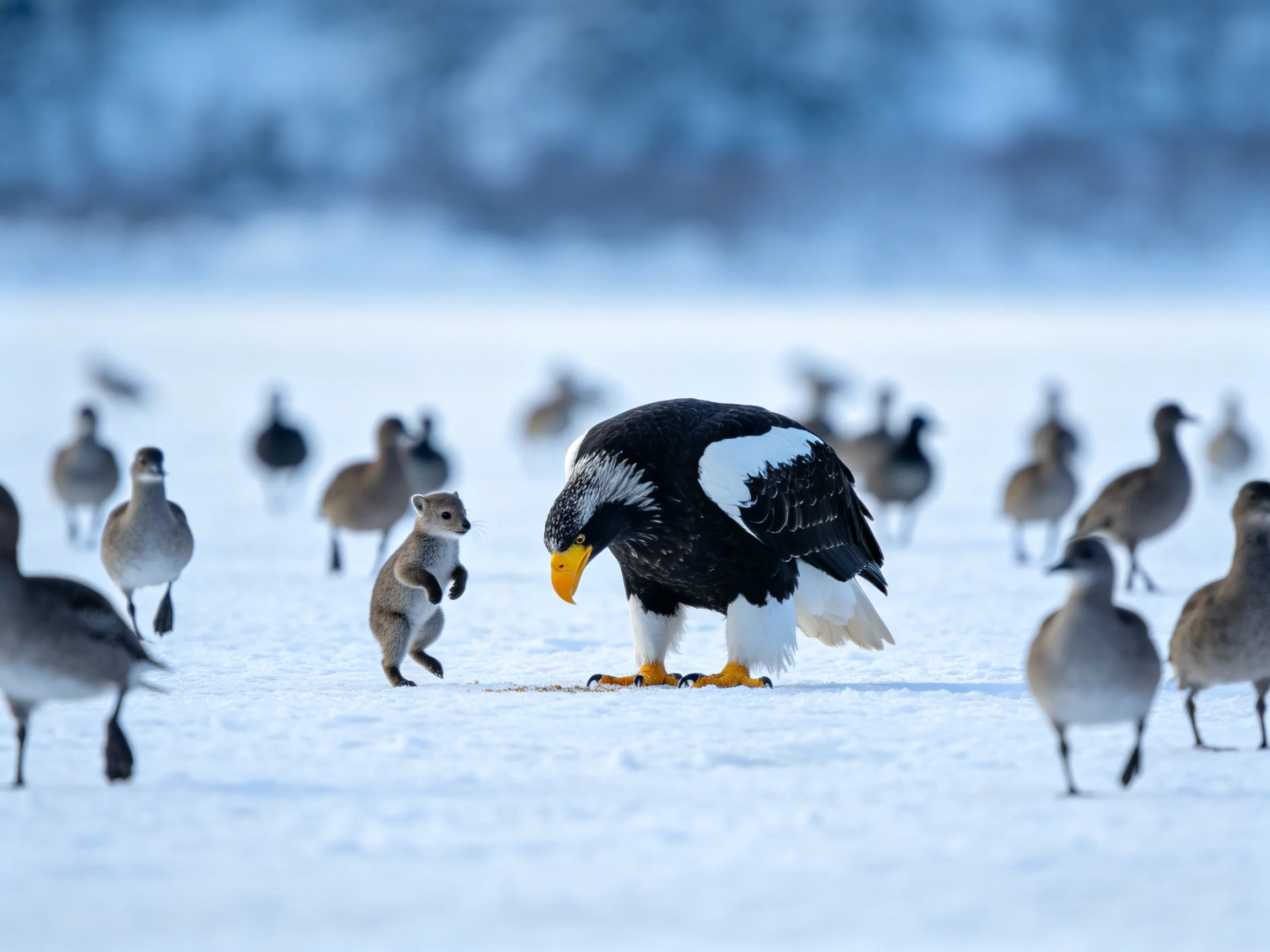 A Stellers sea eagle interacts with a small mammal among geese on snow-covered terrain