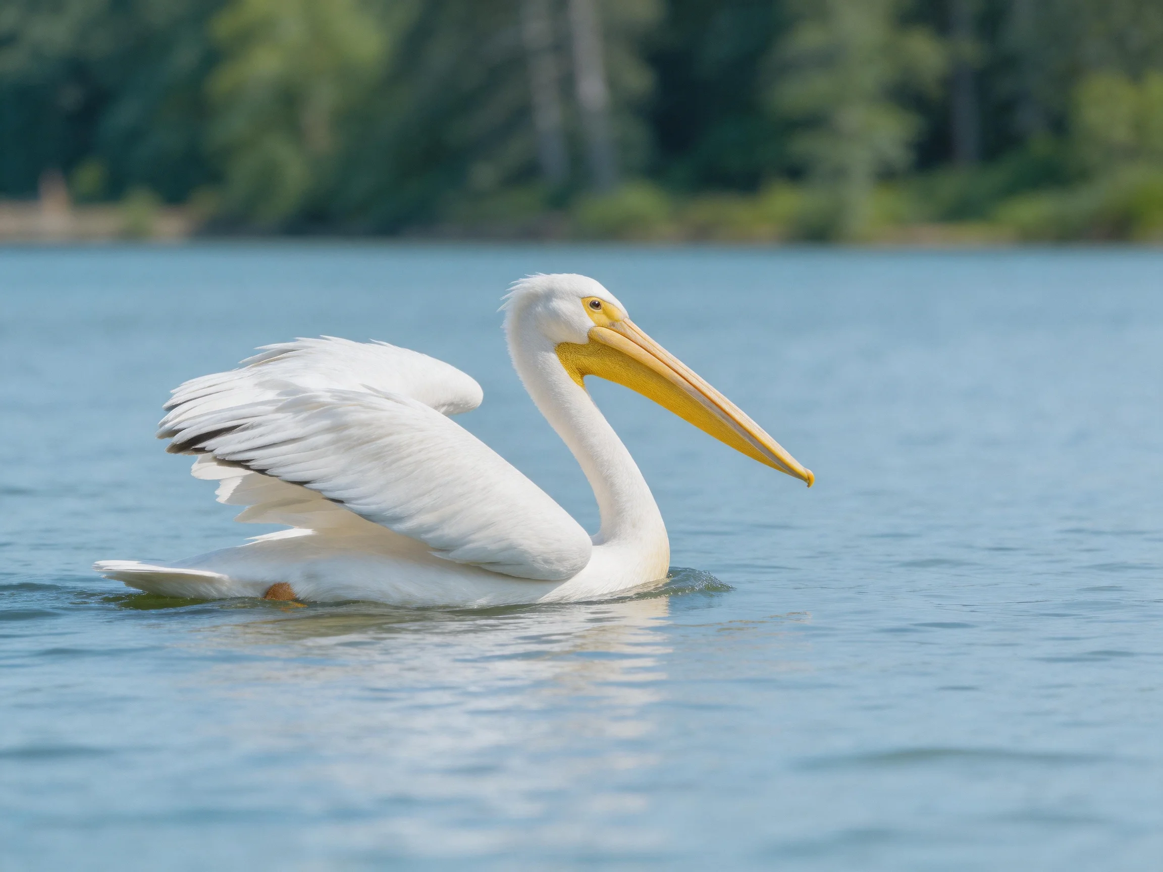 A White Pelican Swimming in Calm Blue Water