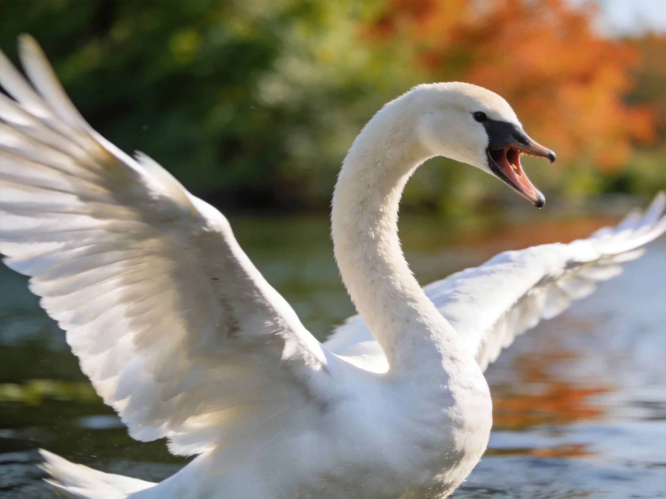 A White Swan Spreading Wings Over Calm Water