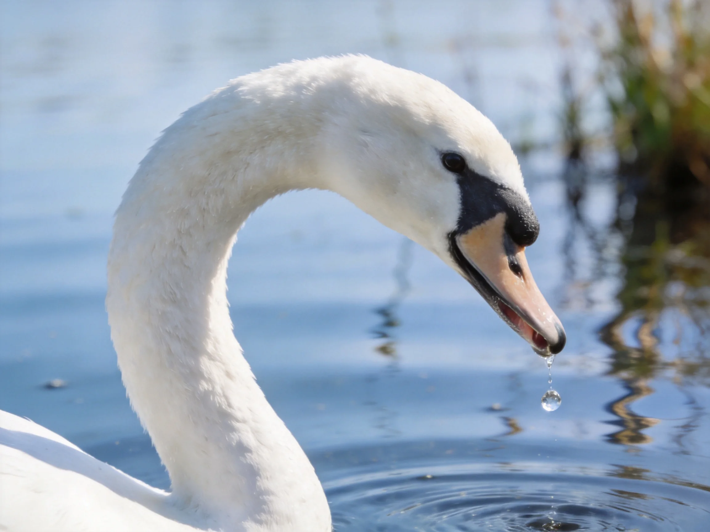A white swan has a droplet near its beak while floating on calm water.