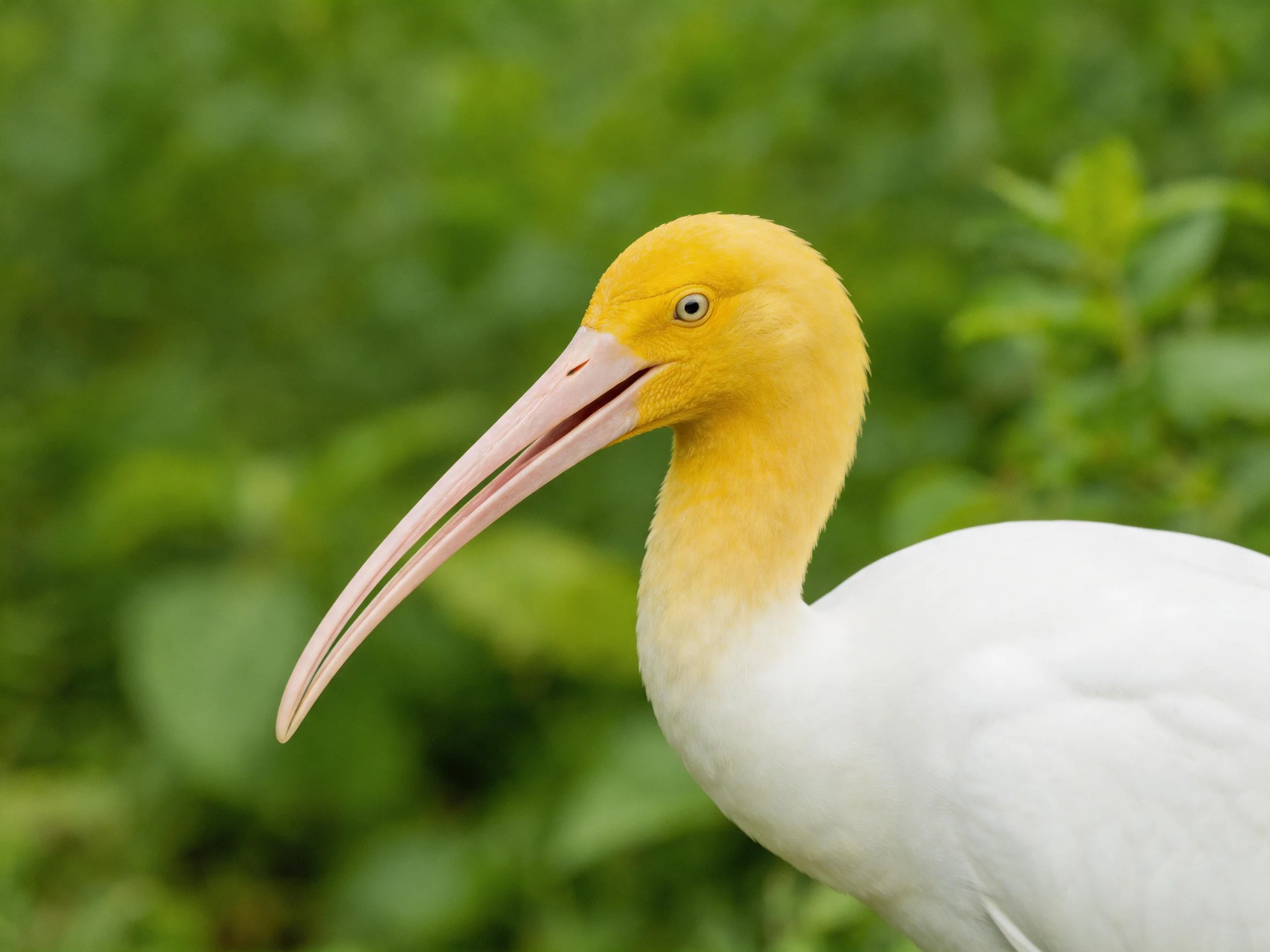 A Yellow-Headed Ibis with Long Pink Beak Near Lush Green Foliage