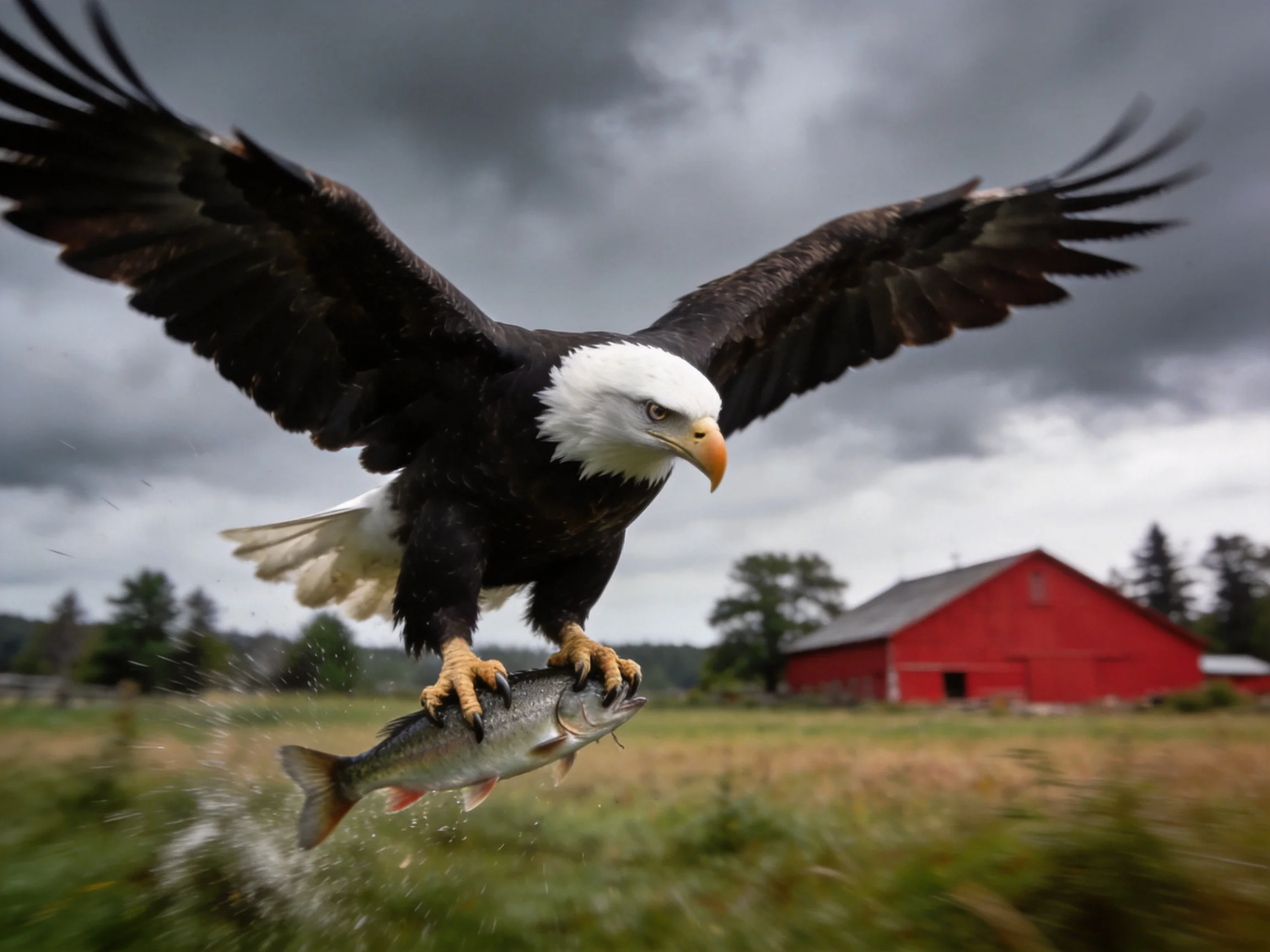 A bald eagle carrying a fish near a red barn under stormy skies