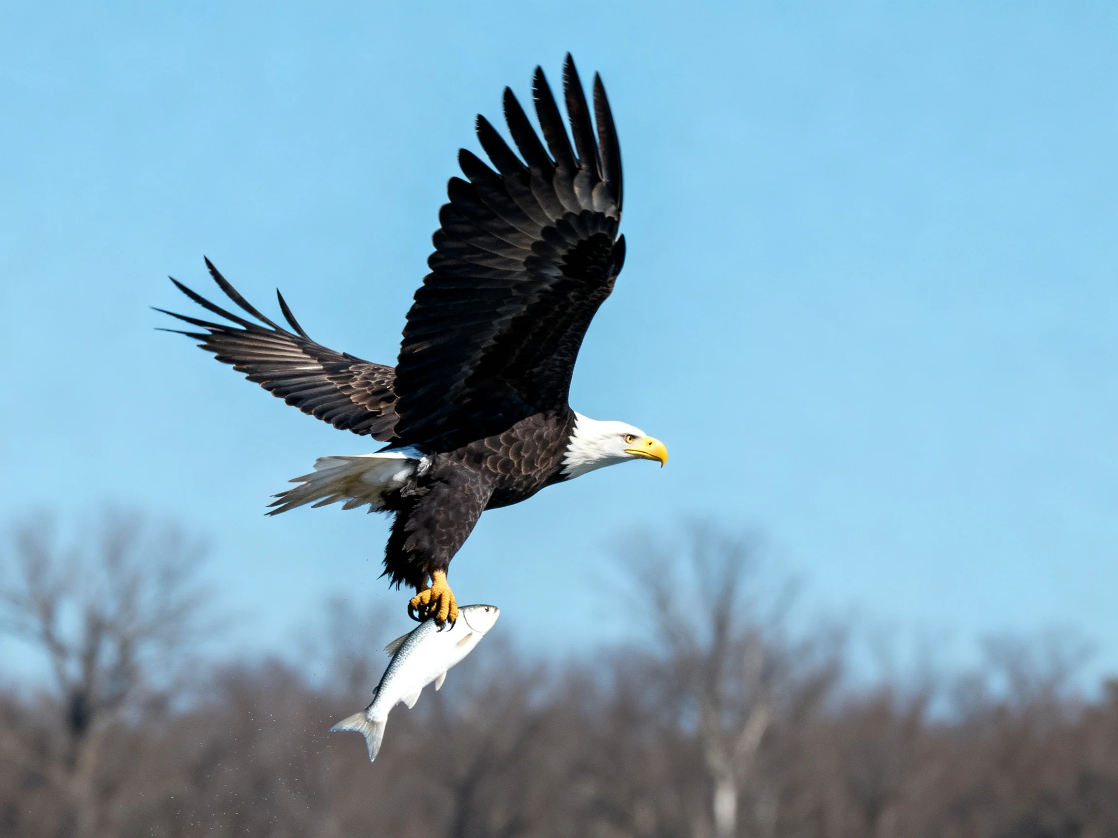 A bald eagle carrying a silver fish in clear blue sky