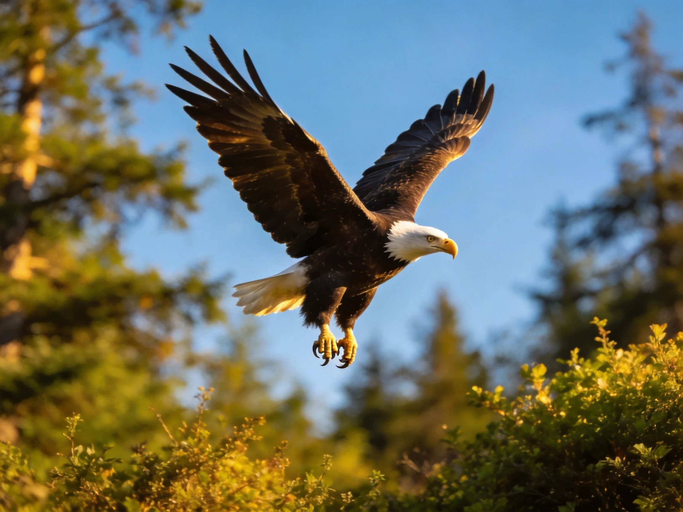 A bald eagle flies through golden sunlight near greenery