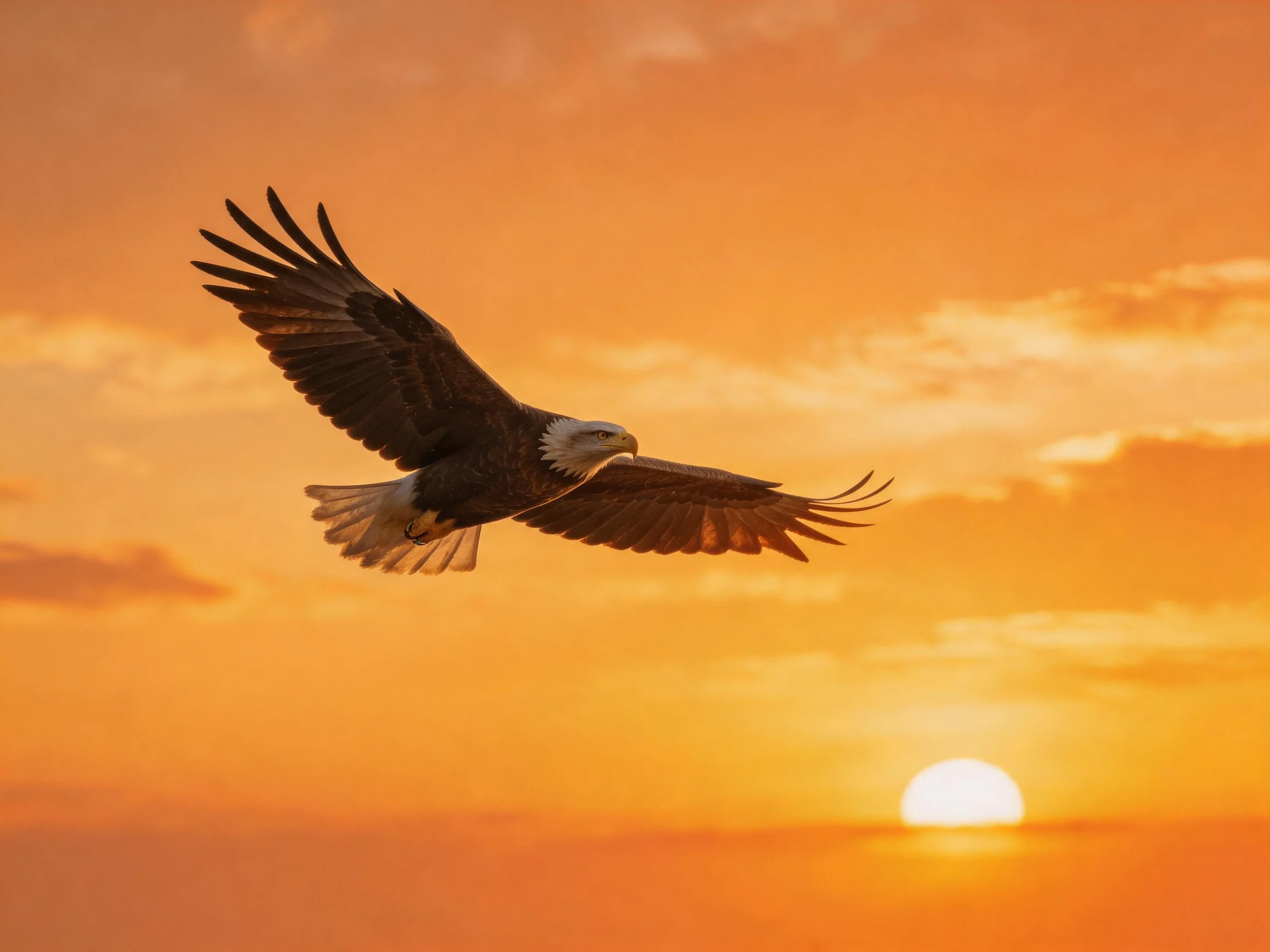 A bald eagle flies through warm orange sunset skies