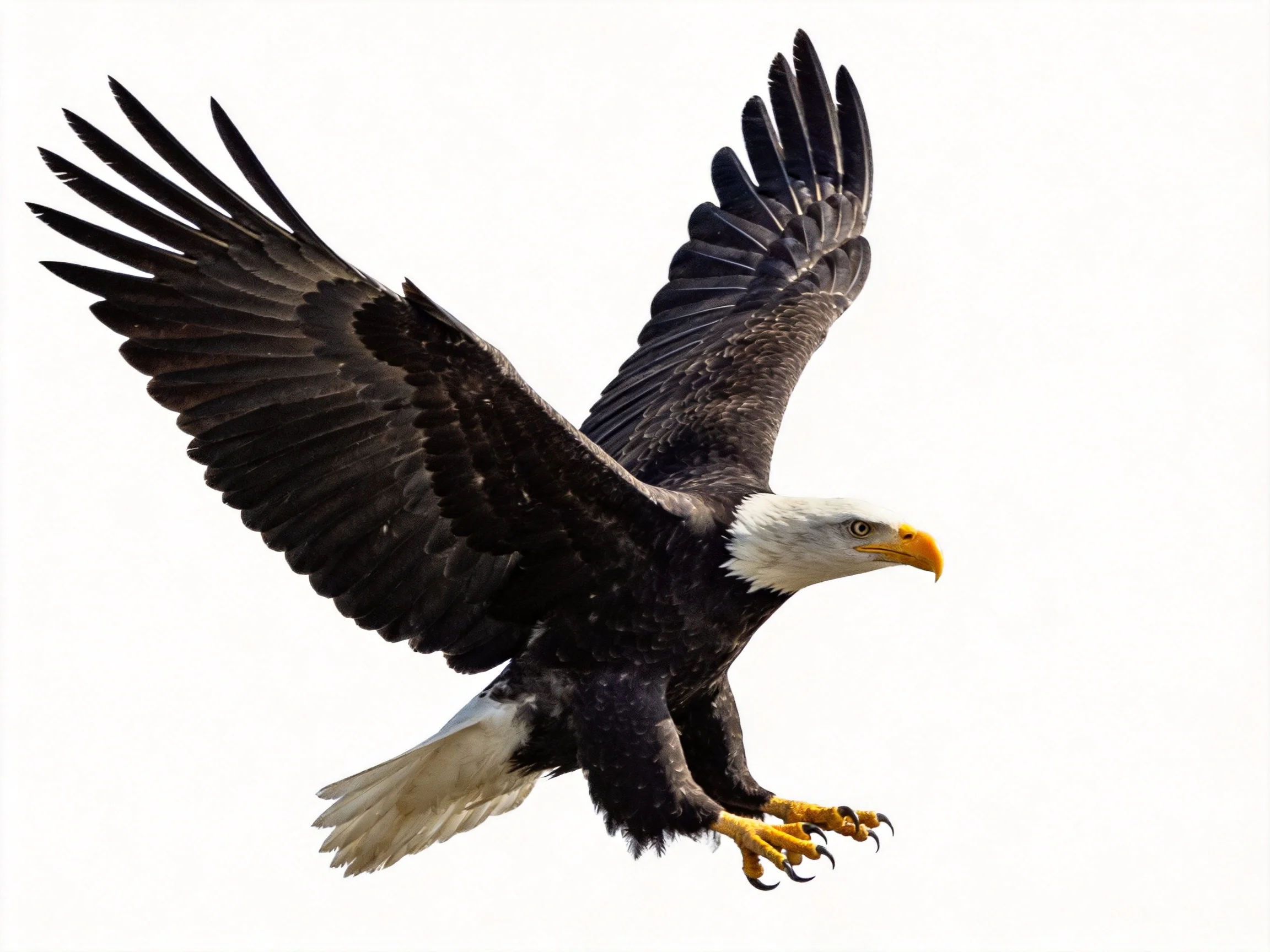 A bald eagle flies with outstretched dark wings and yellow beak