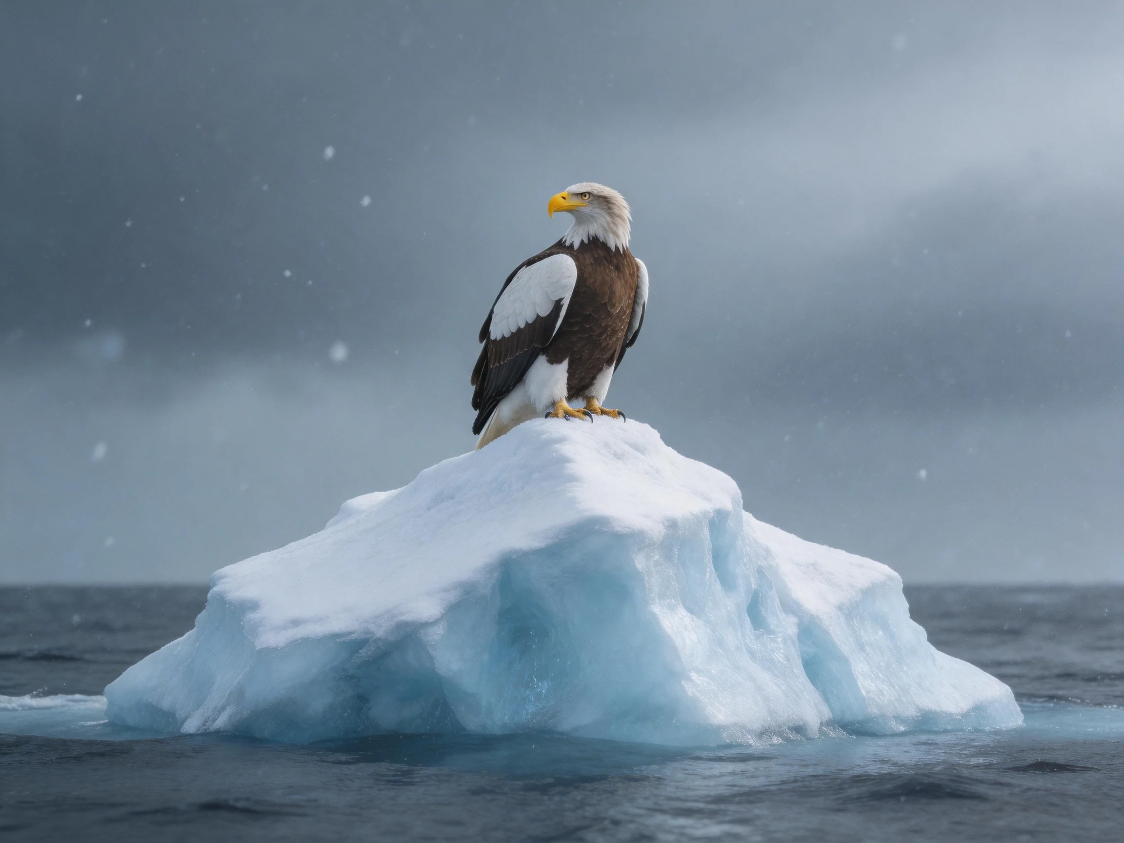 A bald eagle perched atop a snowy iceberg in icy waters