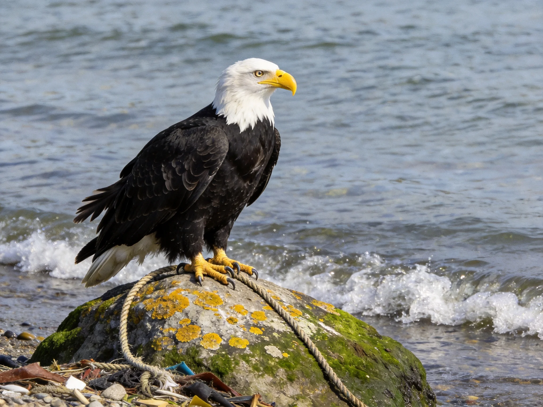 A bald eagle perched on a lichen-covered coastal rock by crashing waves