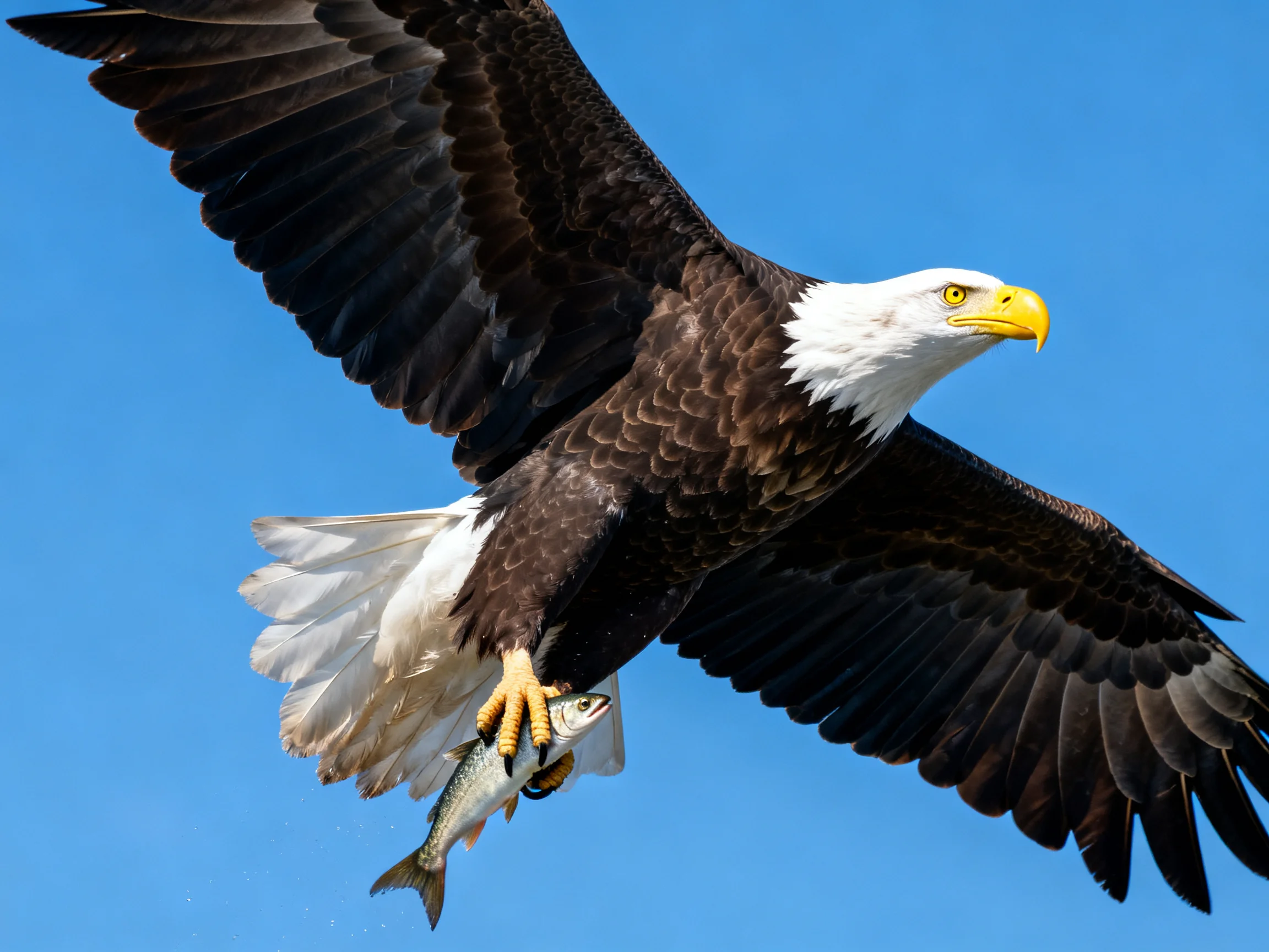 A bald eagle soaring with a fish in talons against clear blue sky