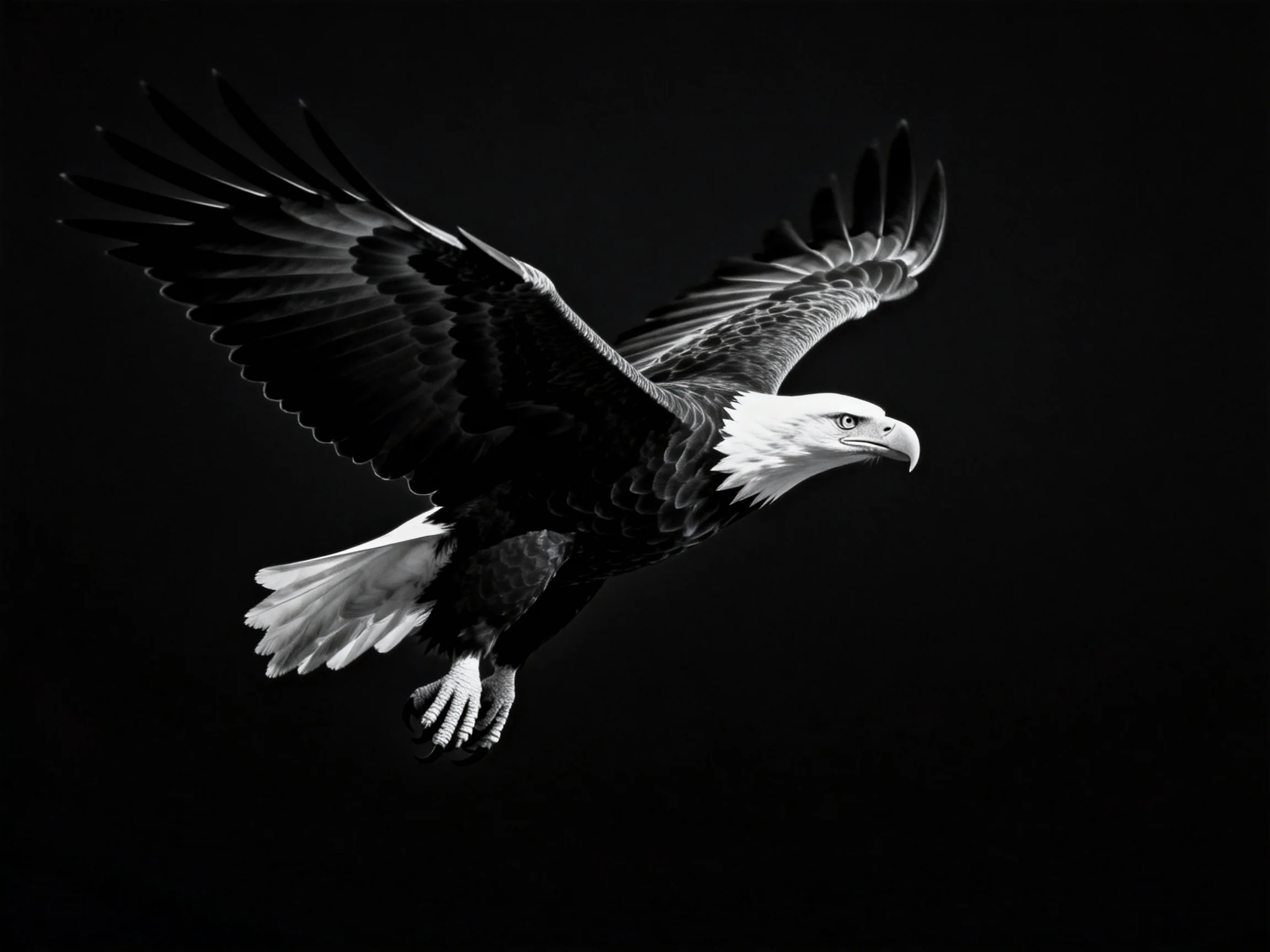 A bald eagle soars in bold black and white contrast