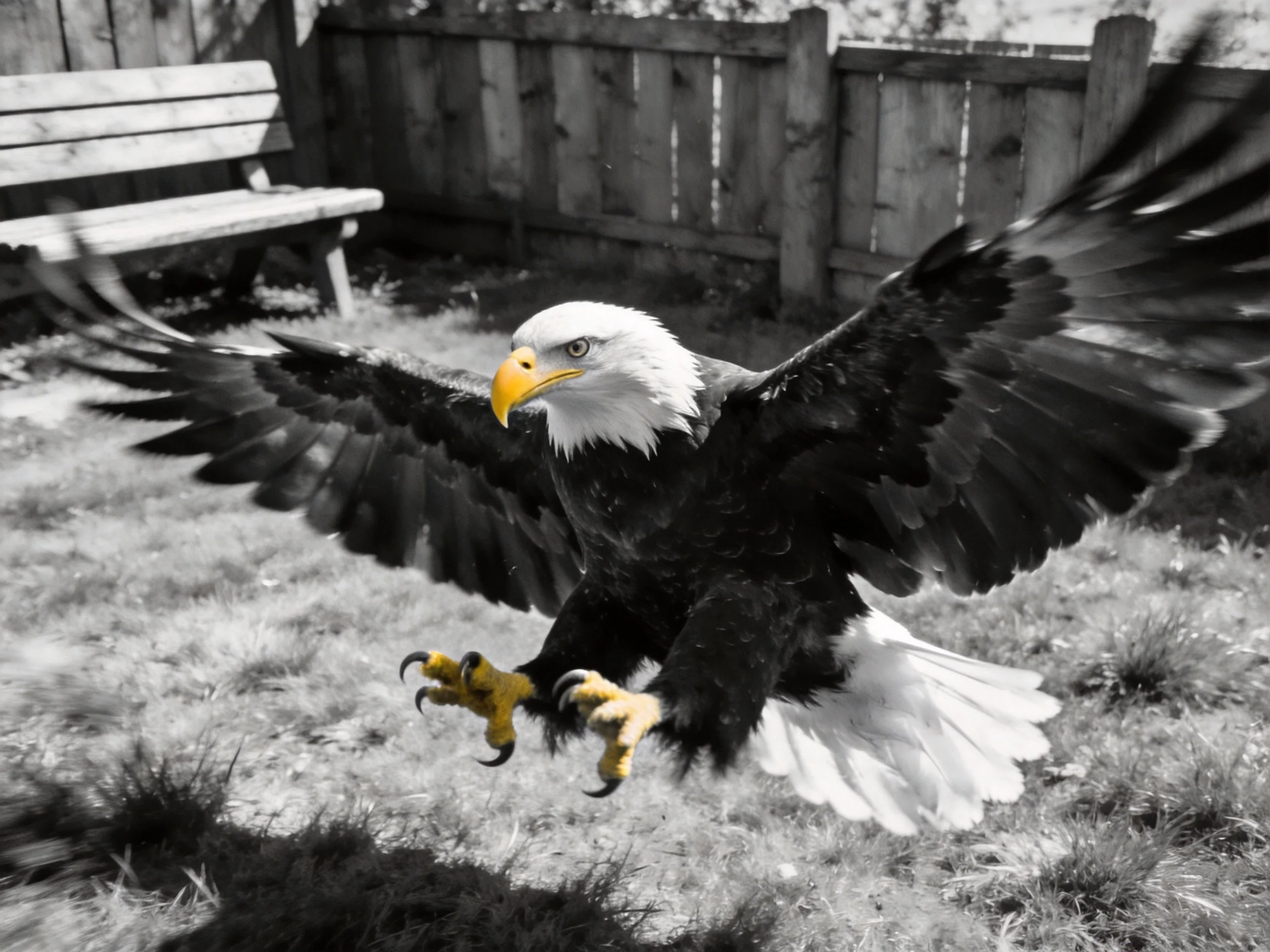 A bald eagle spreads its wings in a backyard