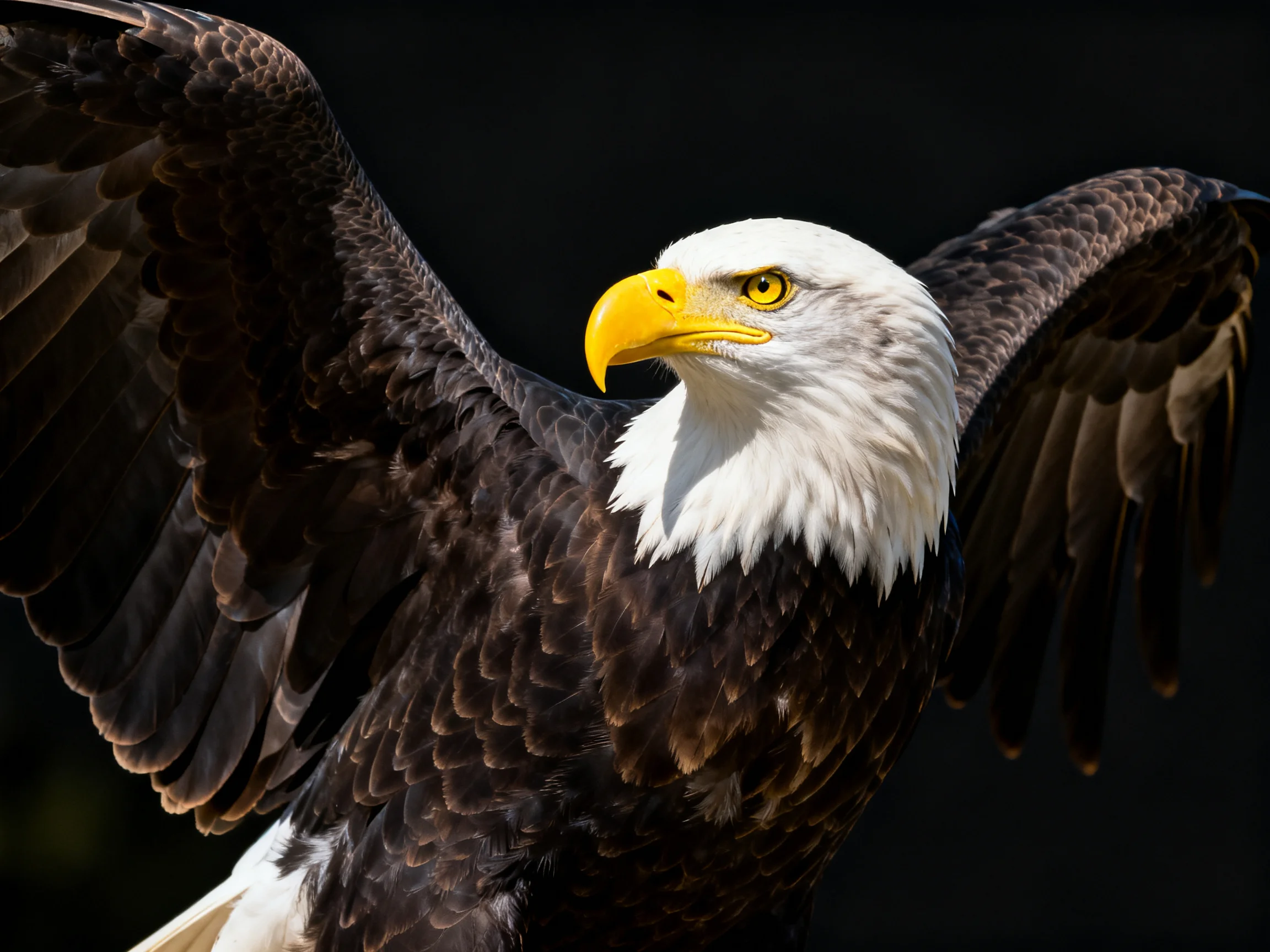 A bald eagle spreads wings, displaying white head and dark brown plumage