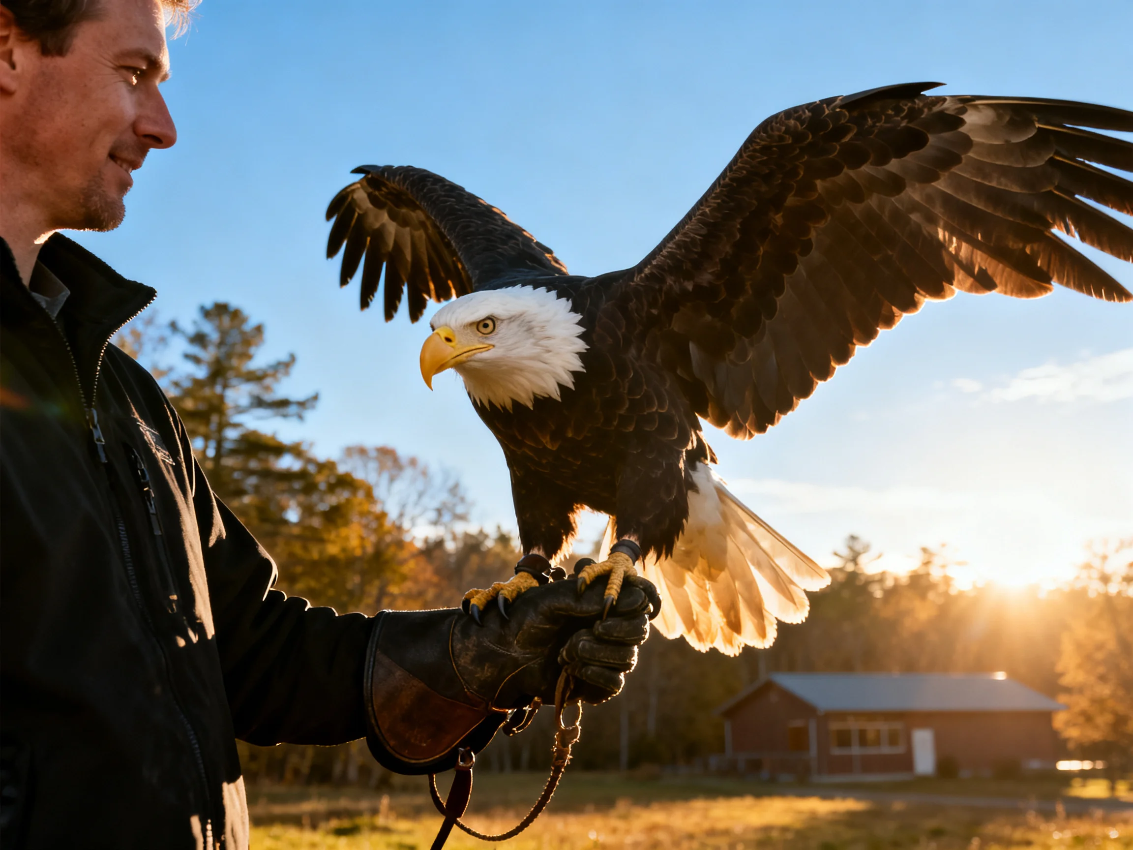 A bald eagle spreads wings on a handler’s glove in a rural outdoor setting