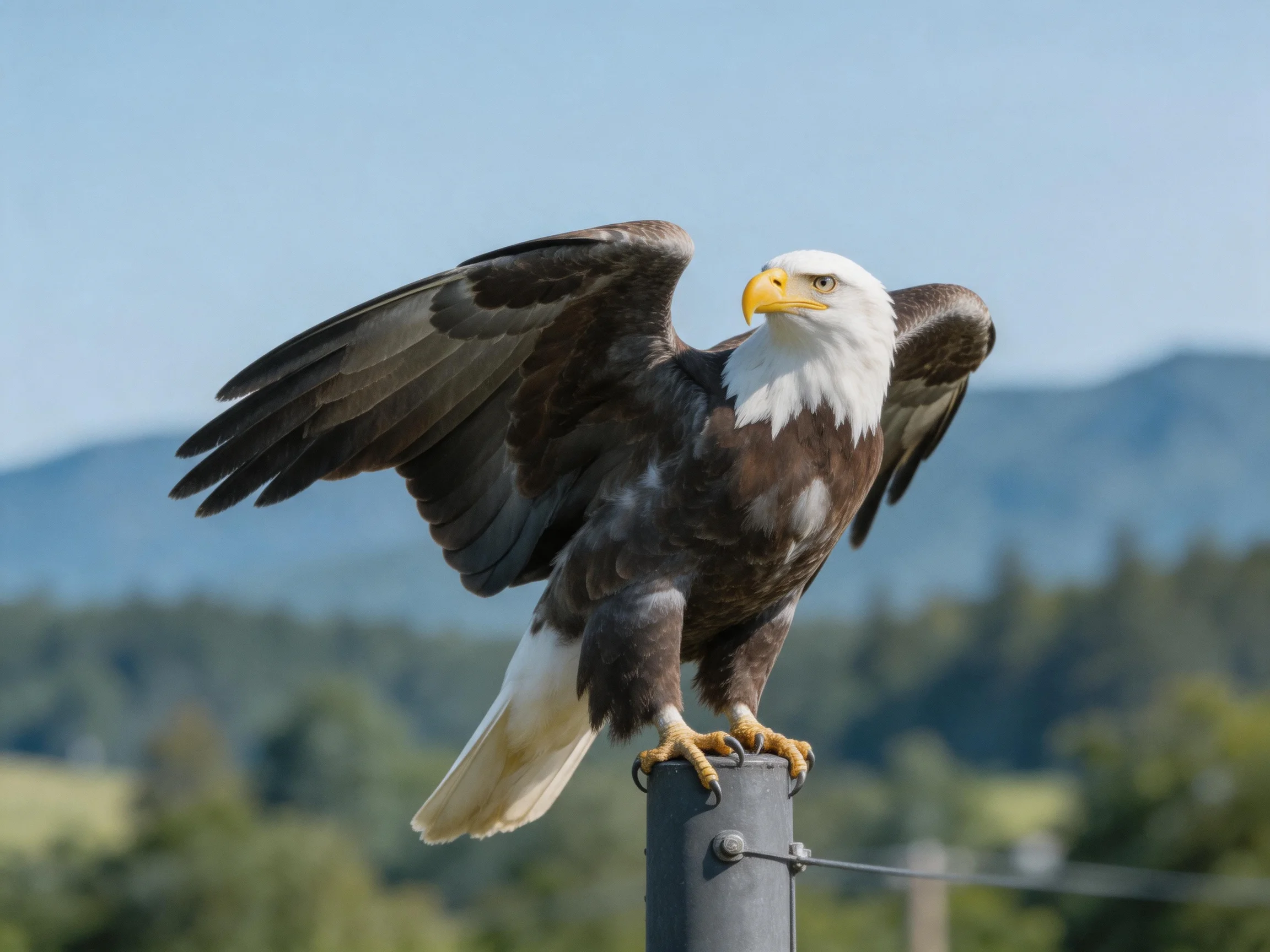 A bald eagle spreads wings on a metal post amid mountain scenery