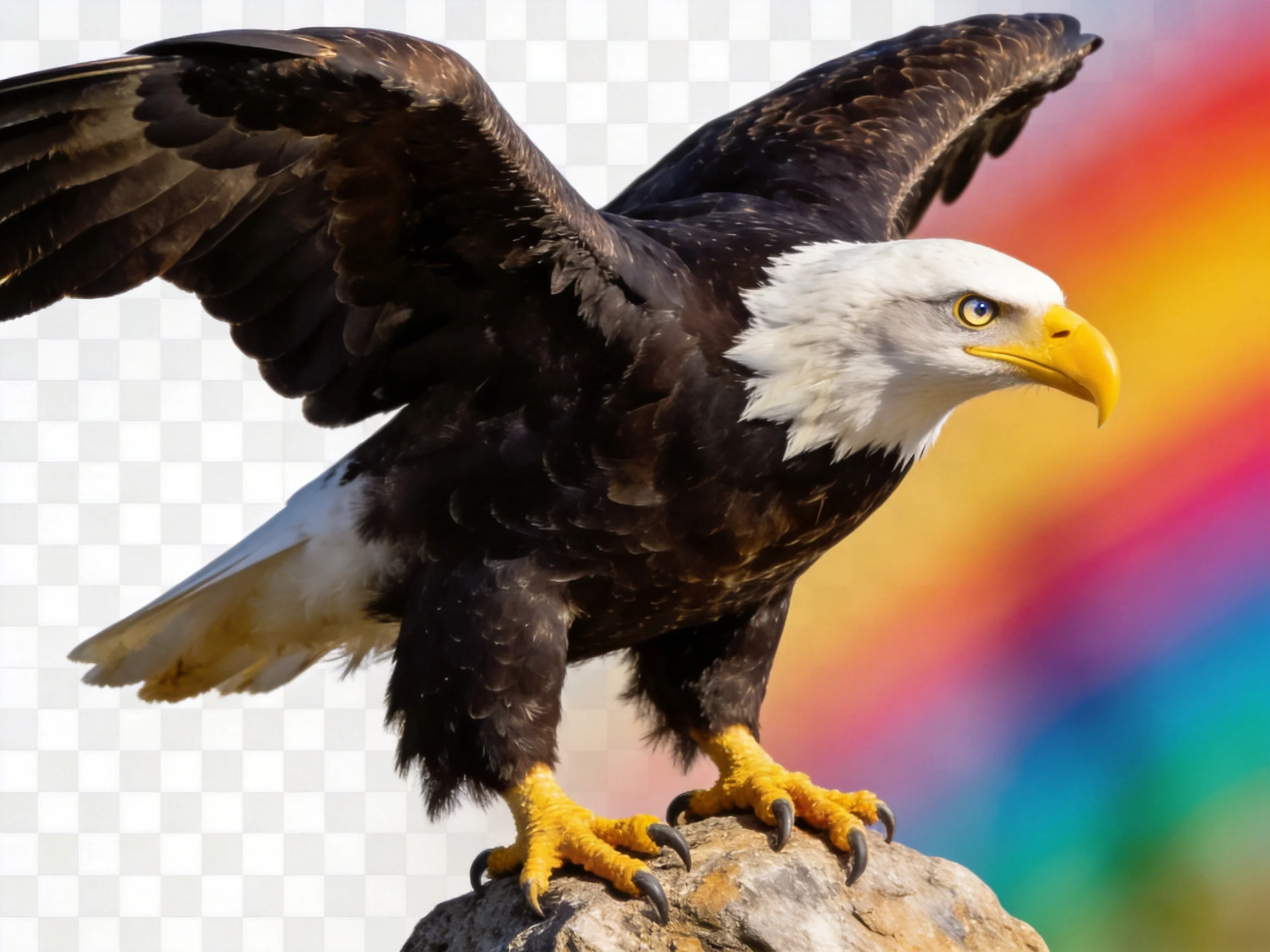 A bald eagle with outstretched wings perched on a rock near a colorful backdrop