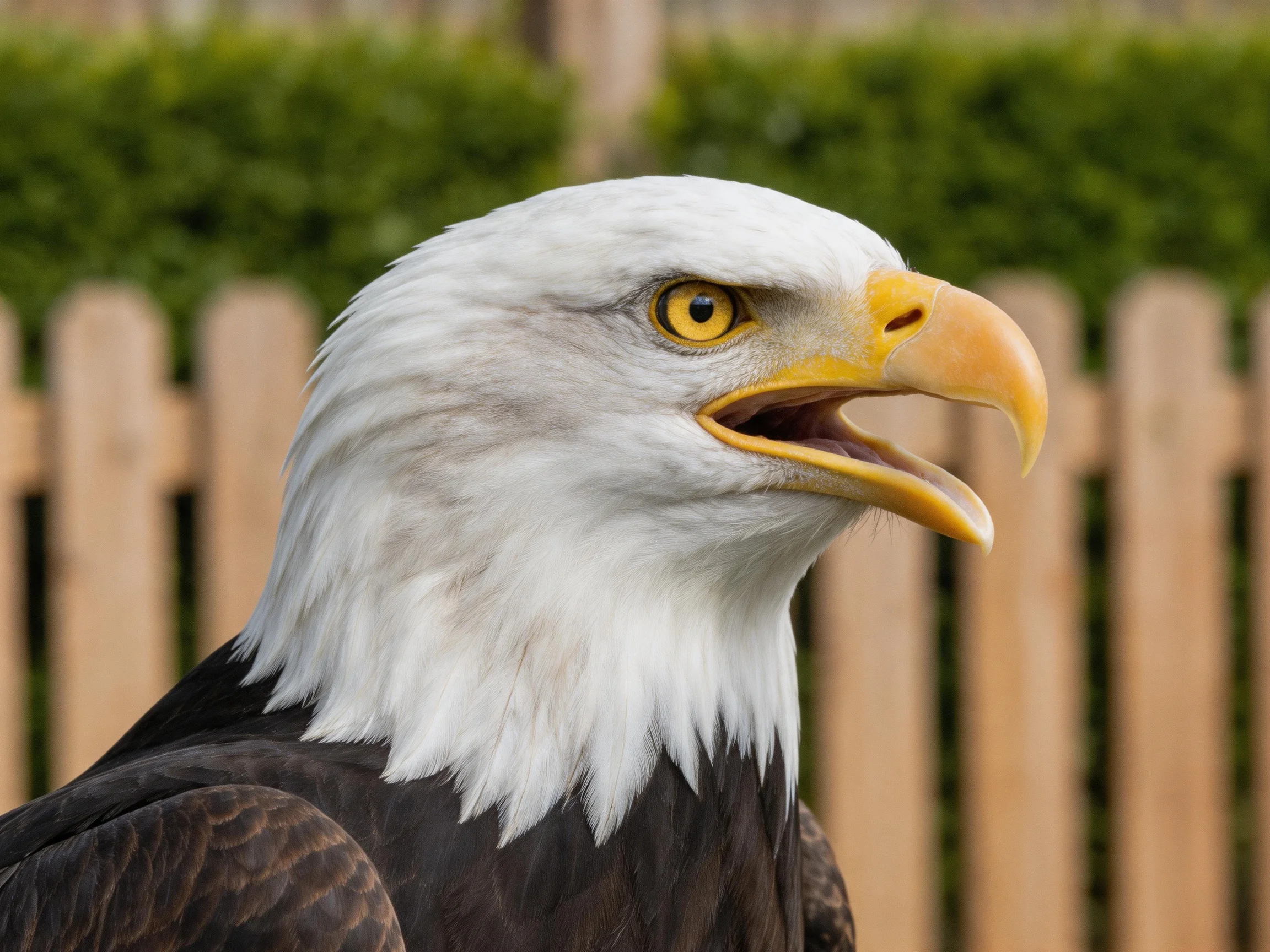 A bald eagle with white head and yellow beak near wooden fence