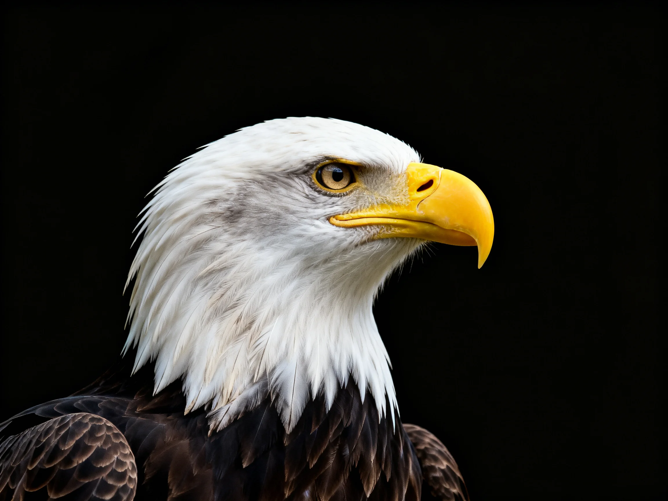 A bald eagle with white head, yellow beak, and dark brown feathers