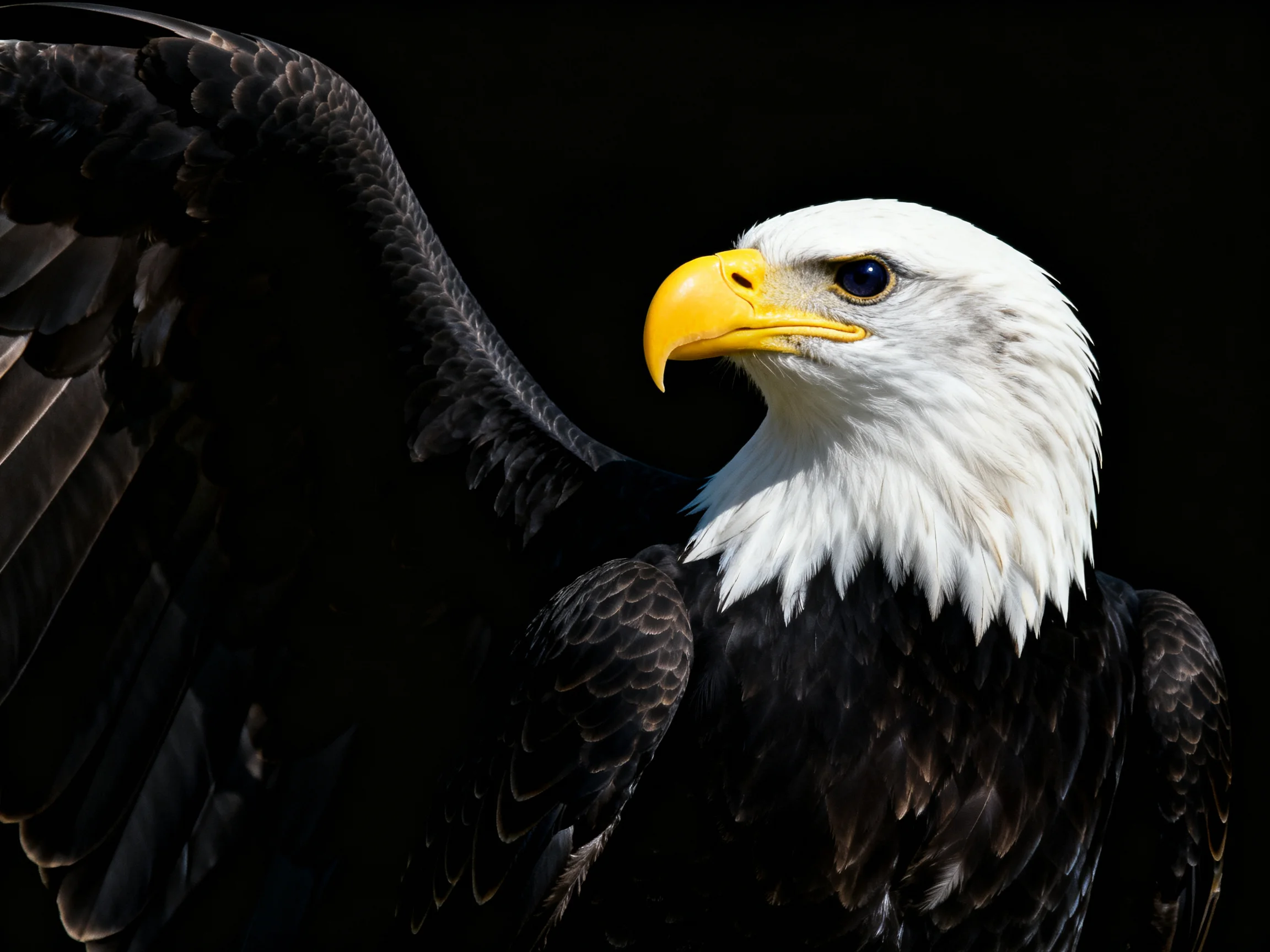 A bald eagle with white head, yellow beak, and dark wings