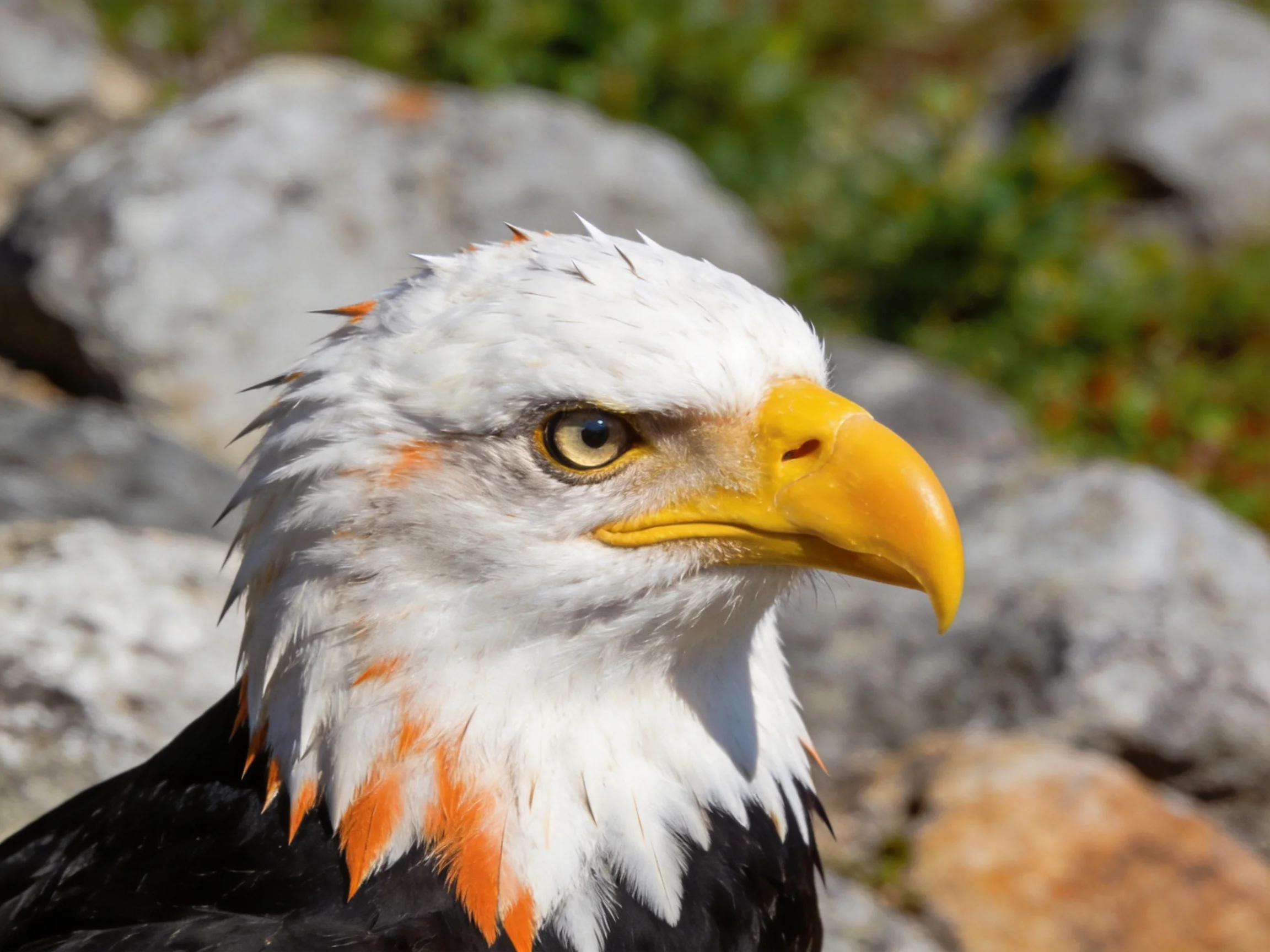 A bald eagle with white head, yellow beak, near gray rocky terrain