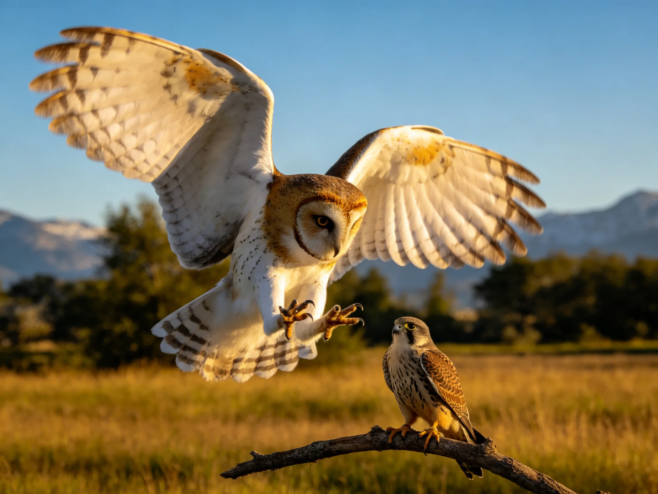 A barn owl approaching a falcon on a branch