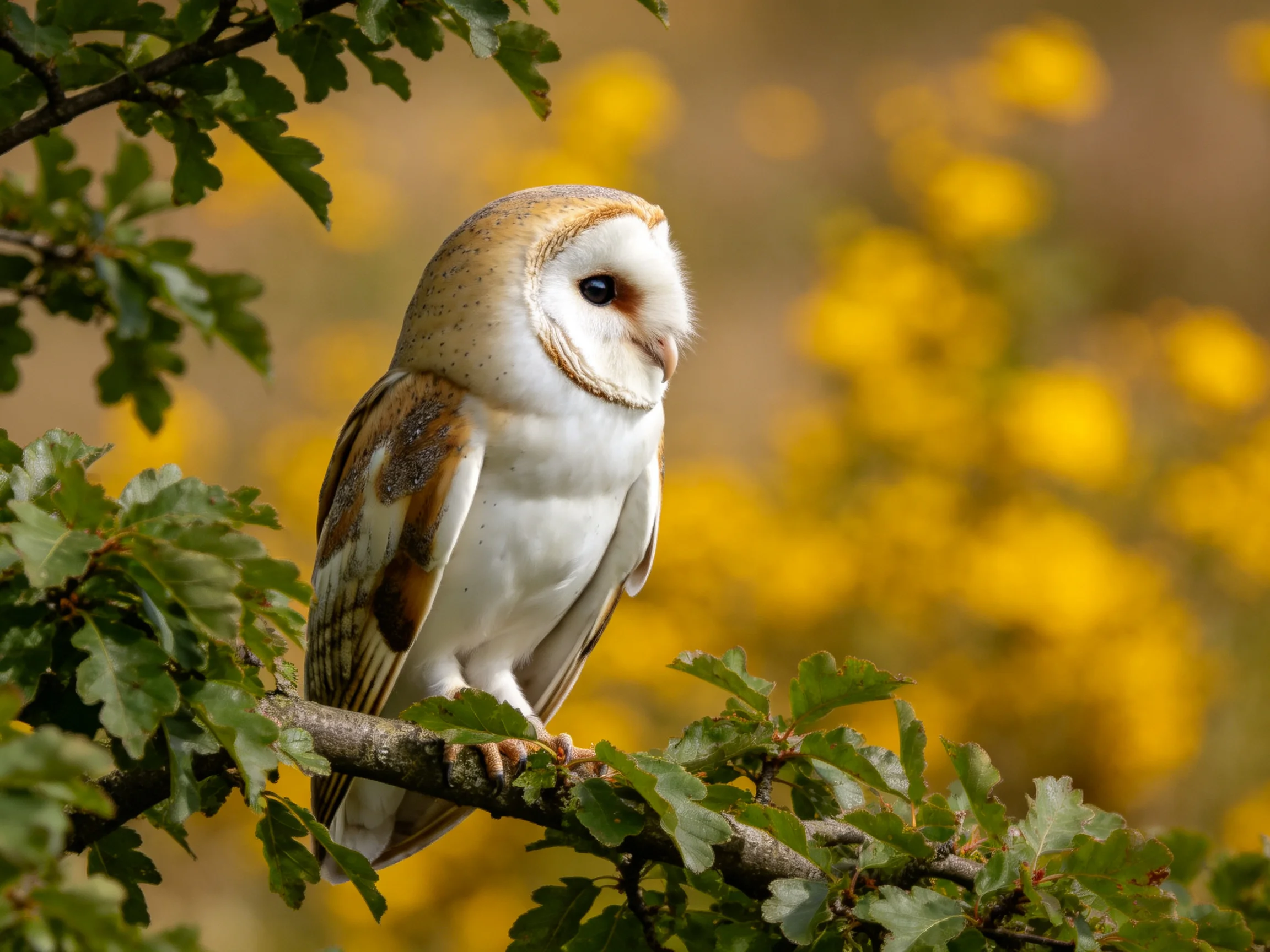 A barn owl perched on a leafy branch with golden blooms