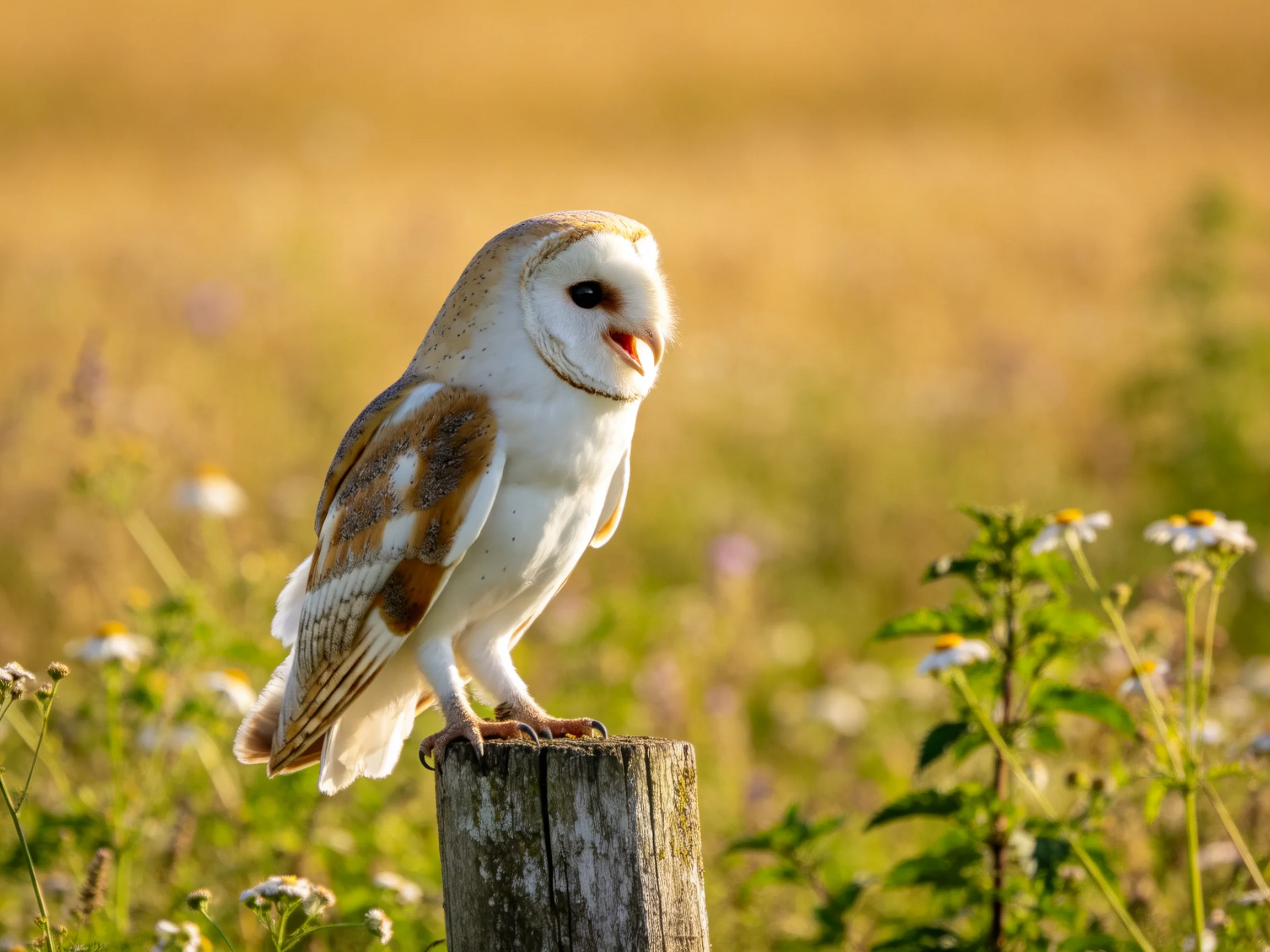 A barn owl perched on a weathered wooden post in a golden meadow