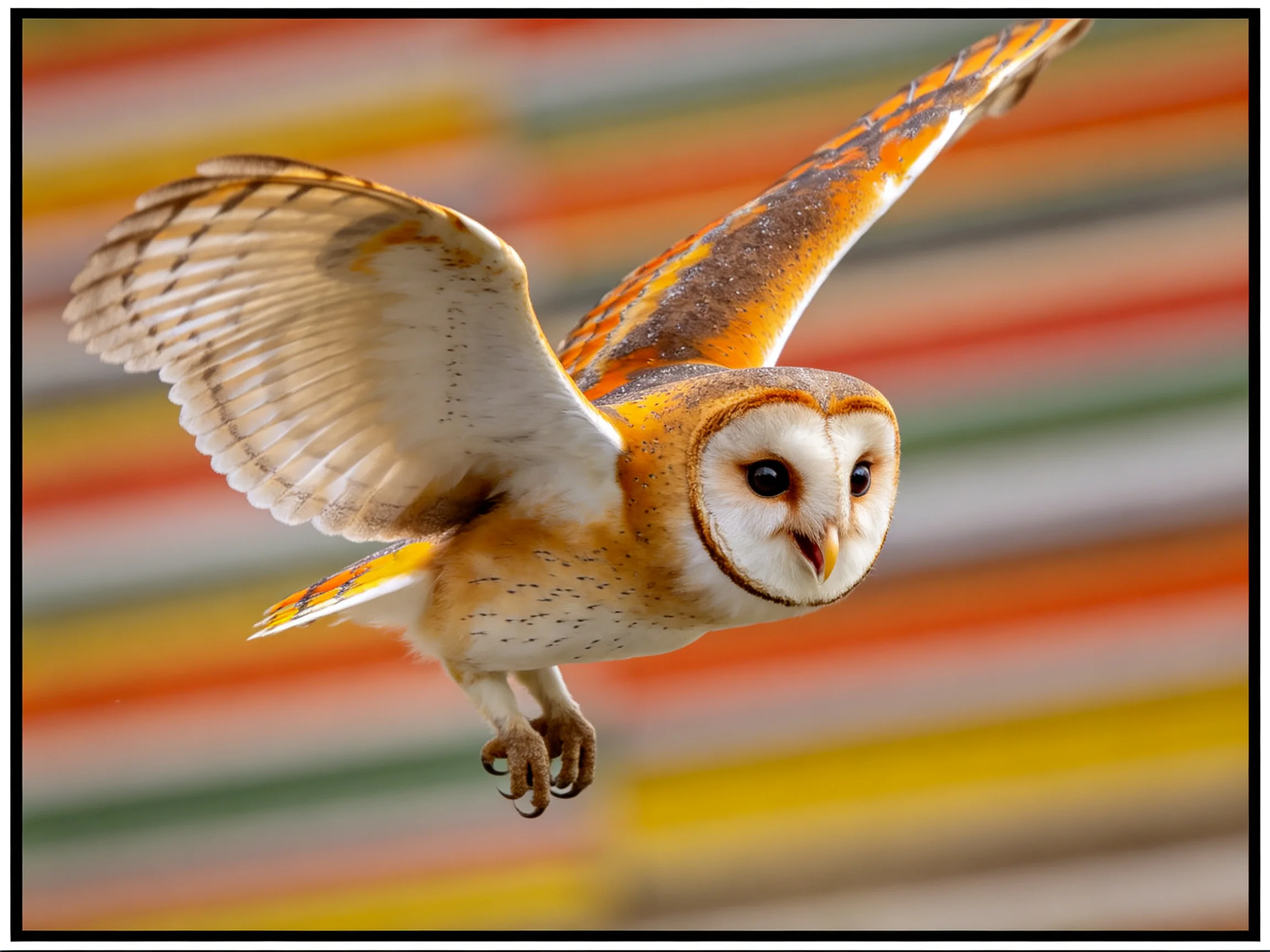 A barn owl soars with outstretched wings against vibrant striped backdrop