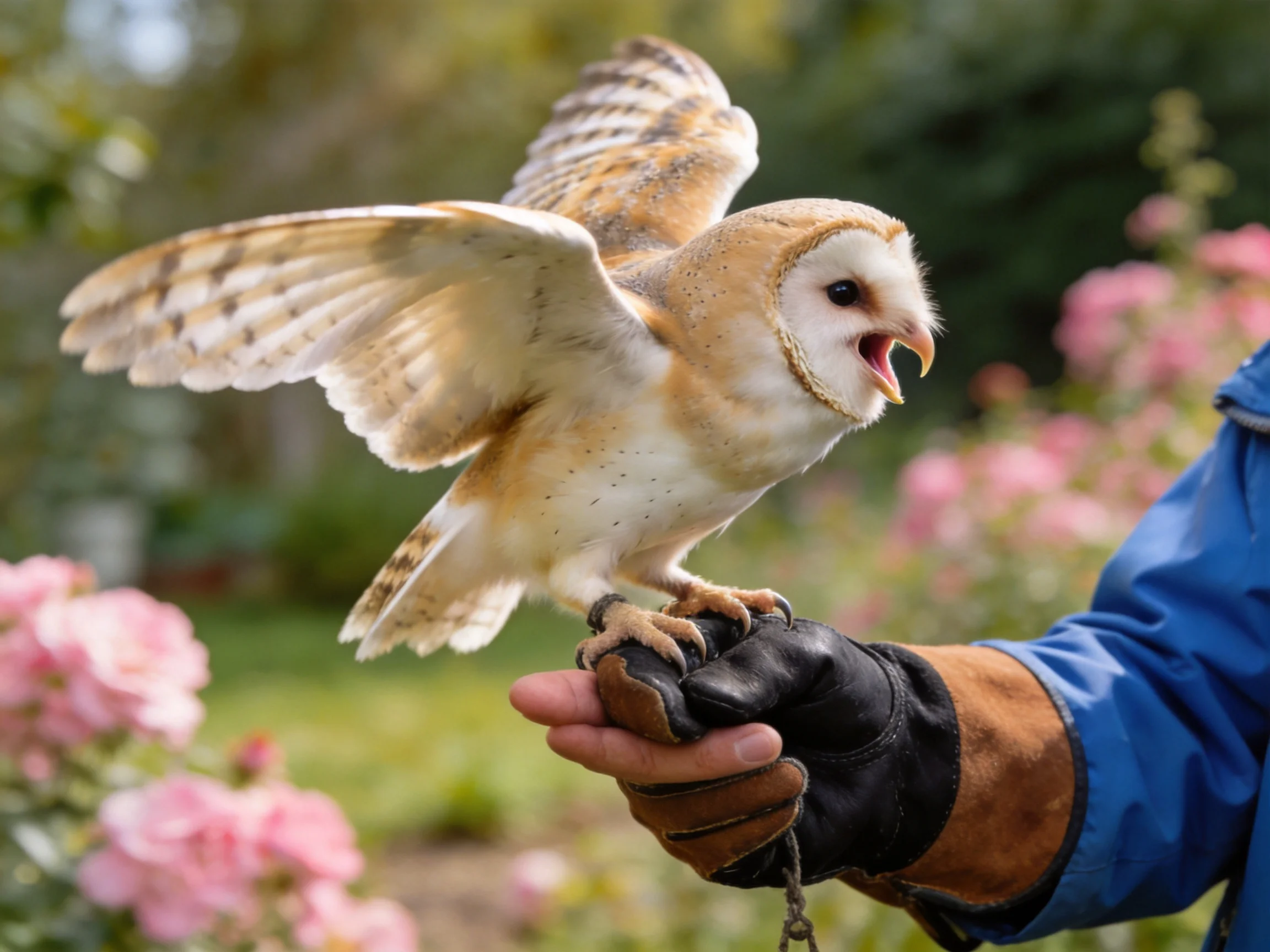 A barn owl spreads wings on a gloved hand near pink flowers