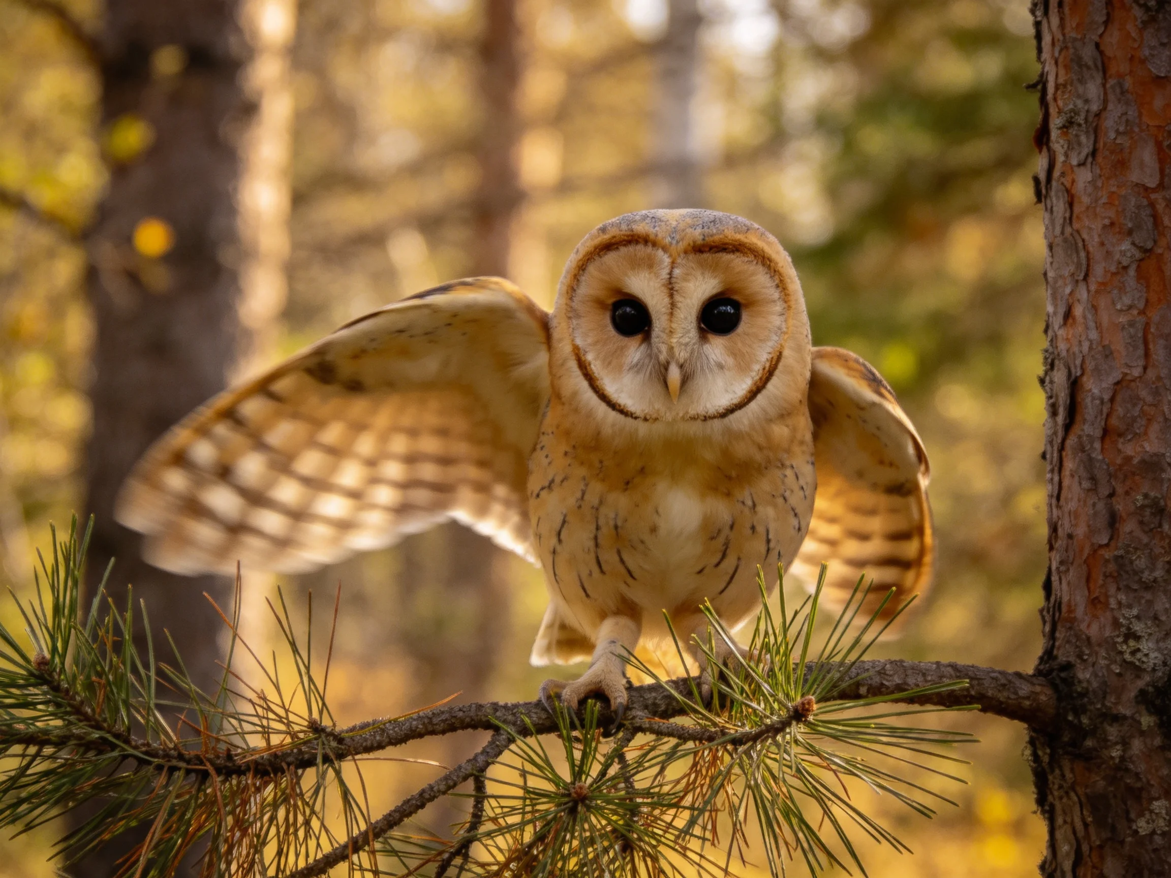 A barn owl spreads wings on a pine branch in golden forest light
