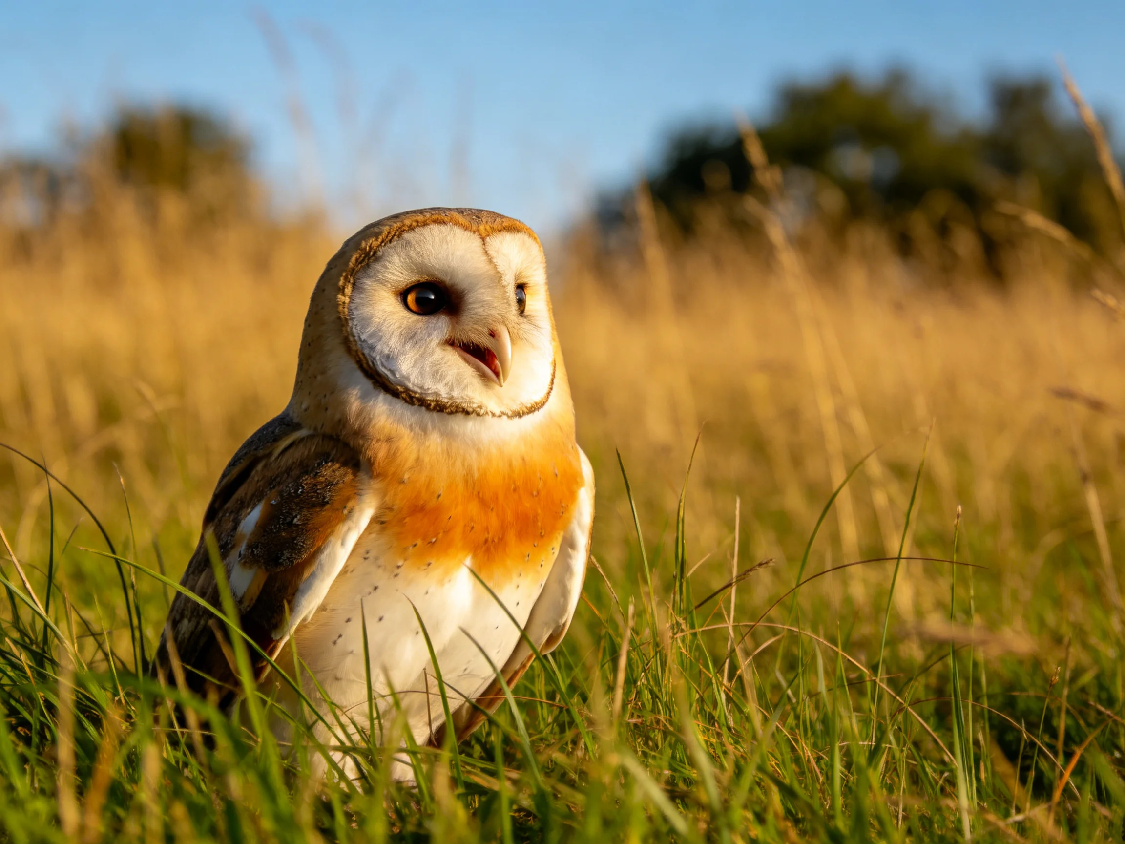 A barn owl with an orange chest in golden grassland