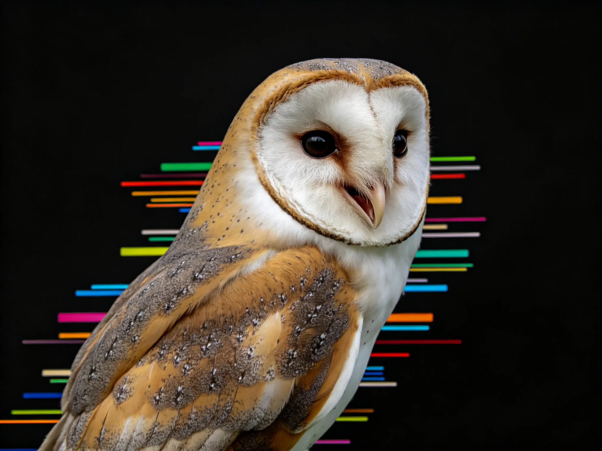 A barn owl with brown and white plumage against vibrant multicolored horizontal lines