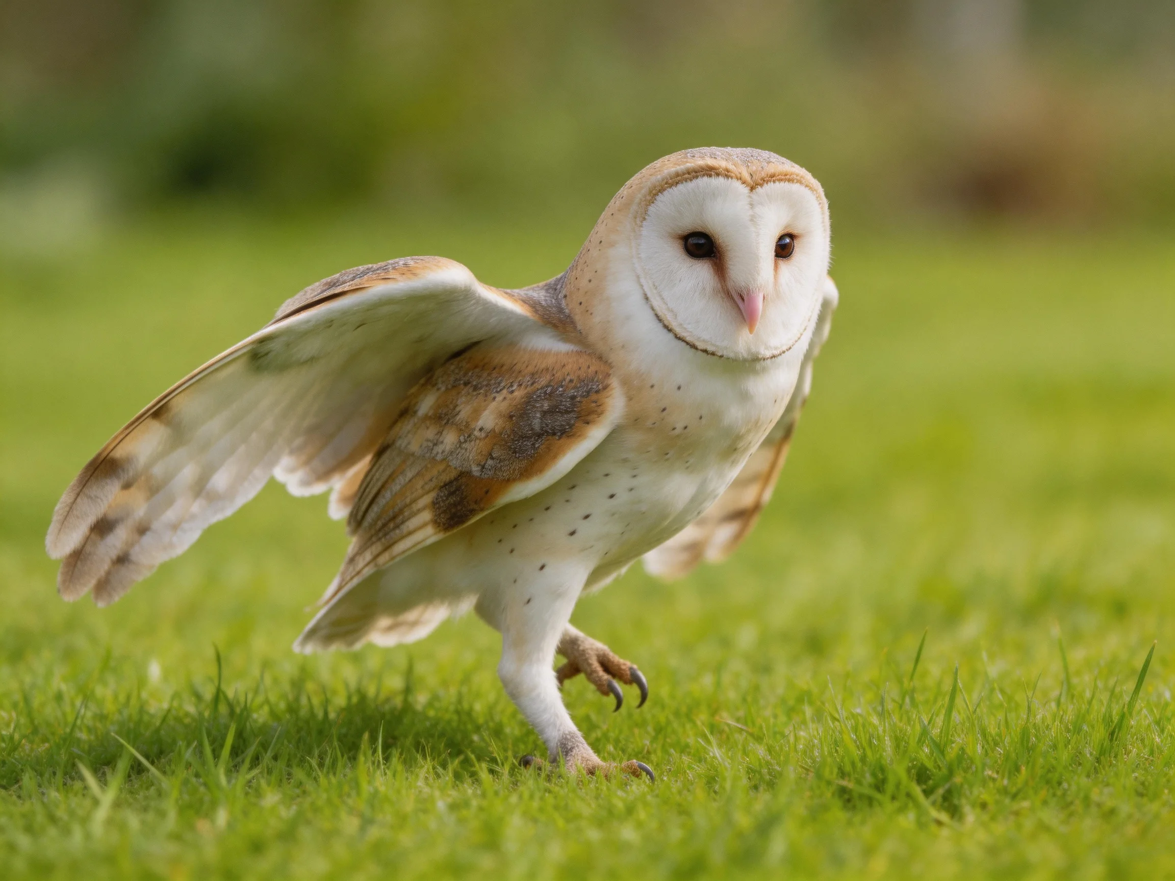 A barn owl with brown and white plumage on lush green grass