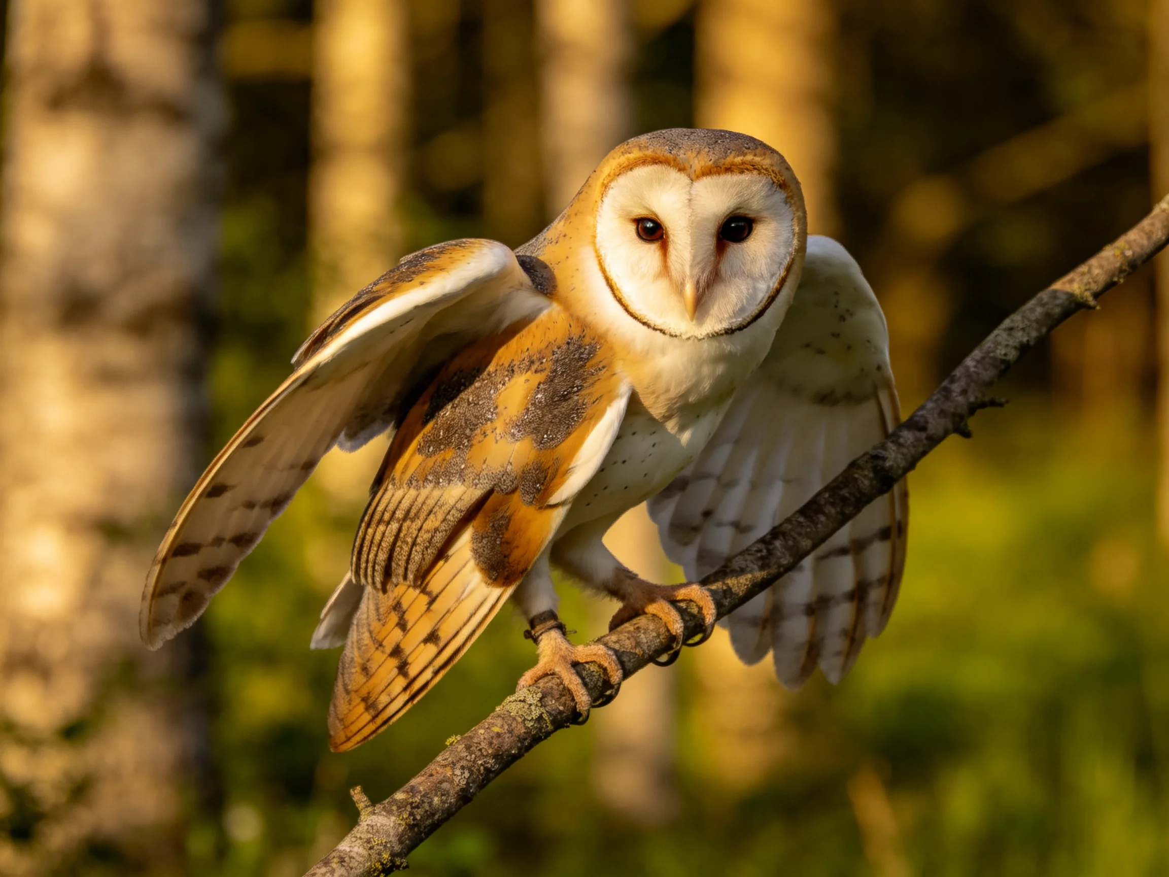 A barn owl with brown and white plumage perched on a branch