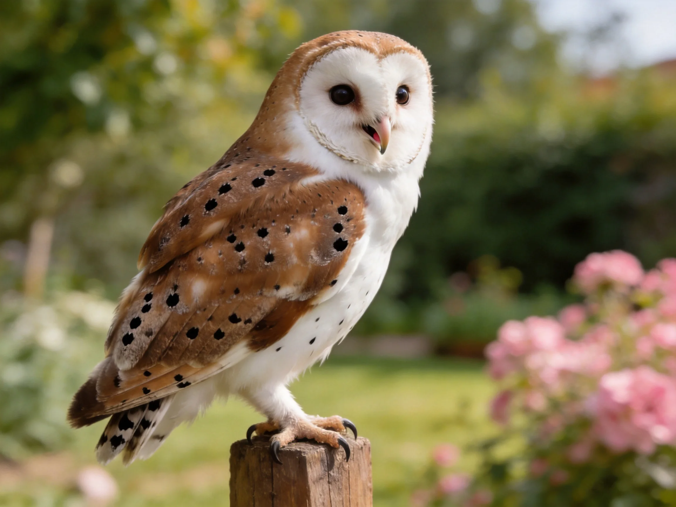 A barn owl with brown spotted wings perches on a wooden post