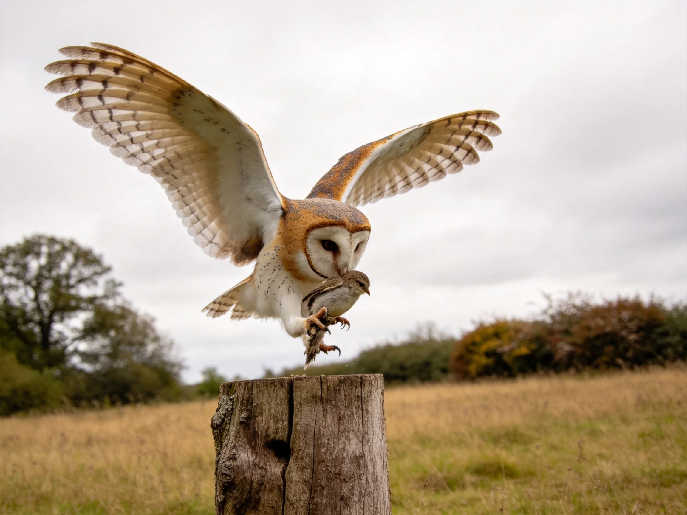 A barn owl with outstretched wings holds prey atop a weathered tree stump