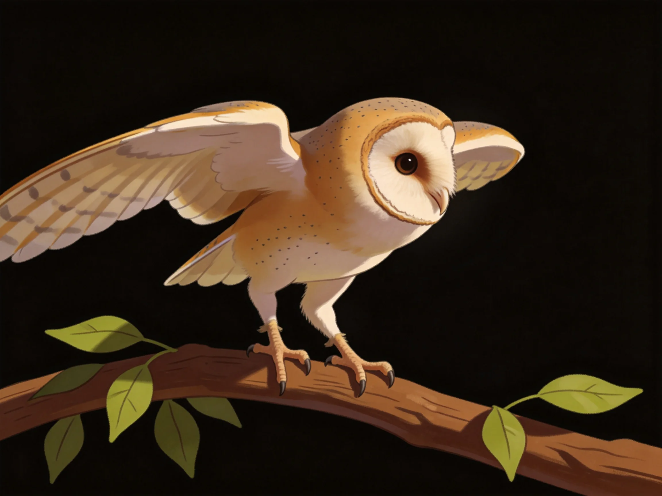 A barn owl with outstretched wings perched on a leafy branch