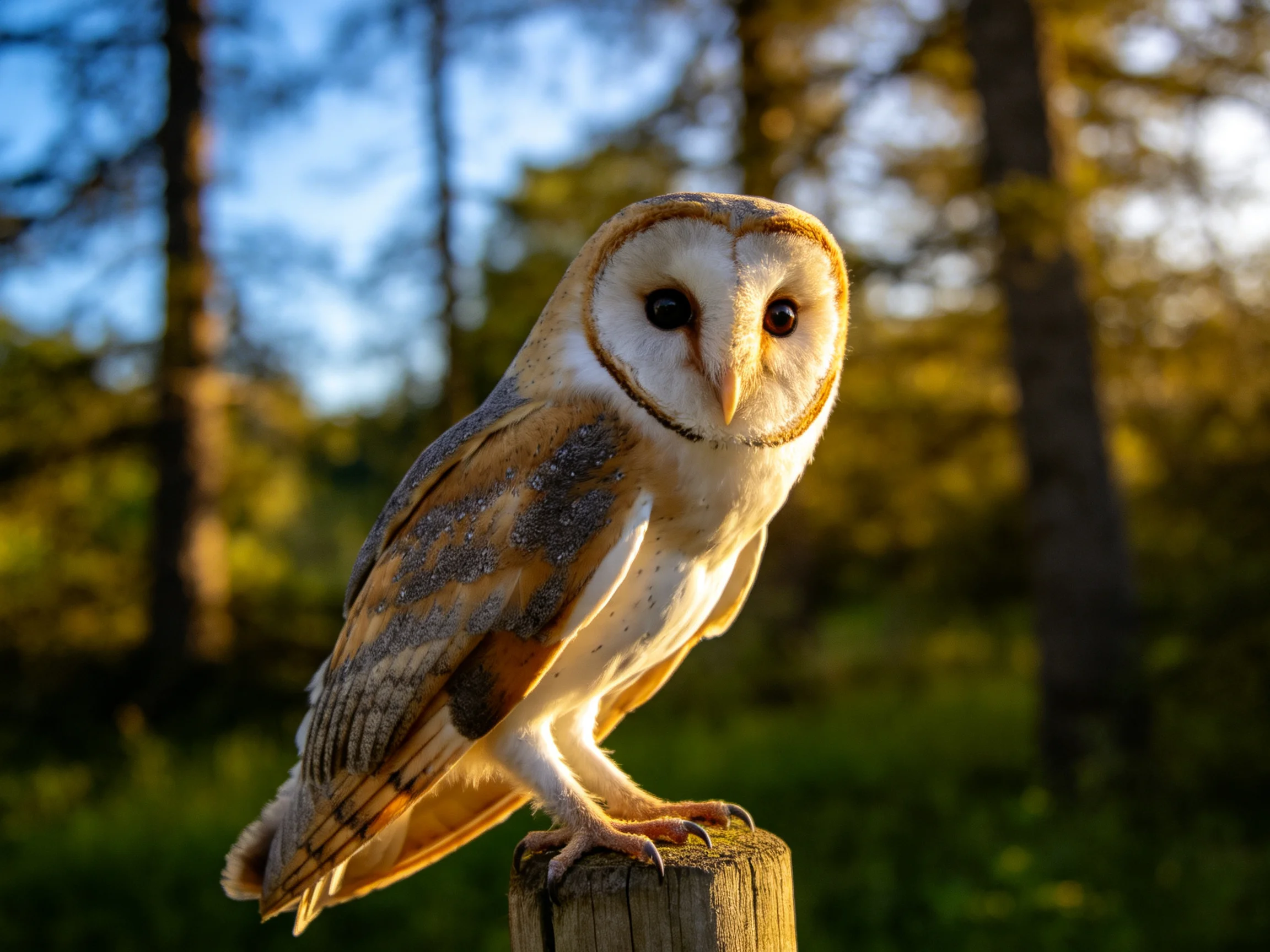 A barn owl with white facial disc and brown wings perched on a wooden post