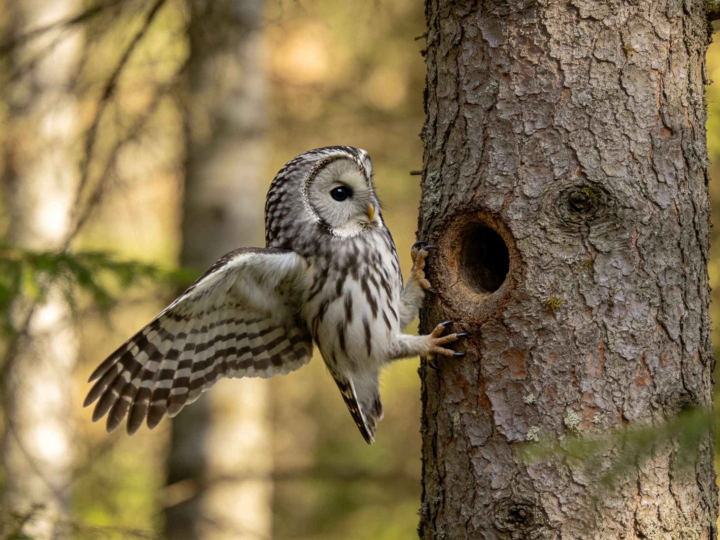 A barred owl approaching a tree cavity in a forested area