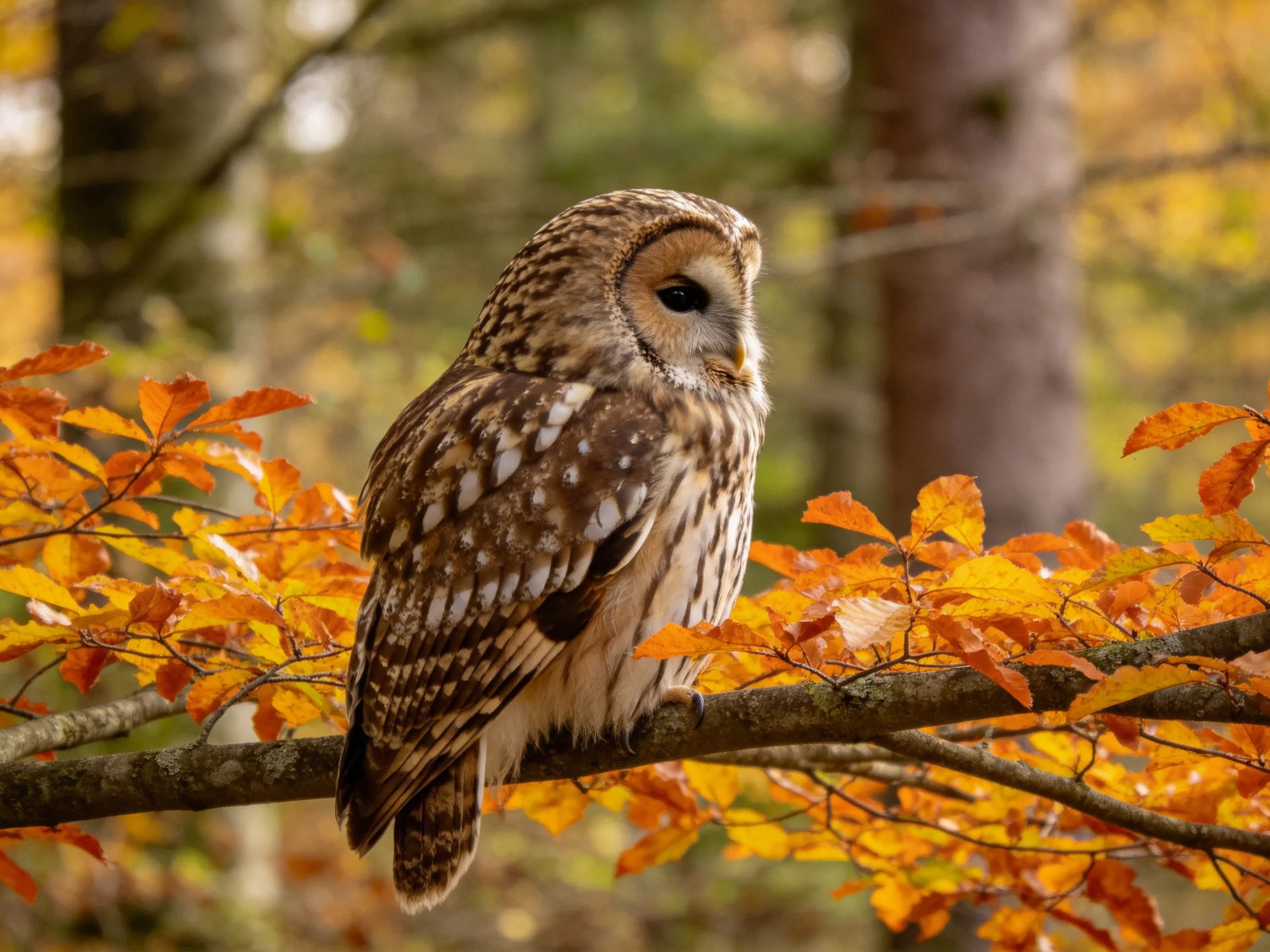 A barred owl perched amid bright autumn foliage
