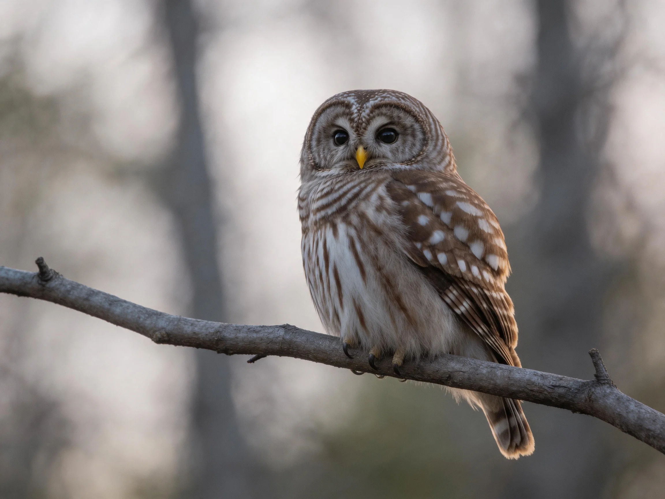 A barred owl perched on a gray tree branch