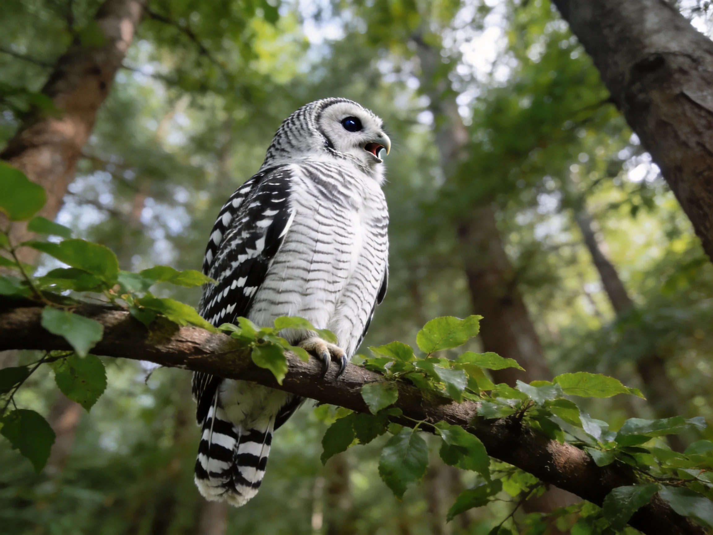A barred owl perched on a leafy forest branch