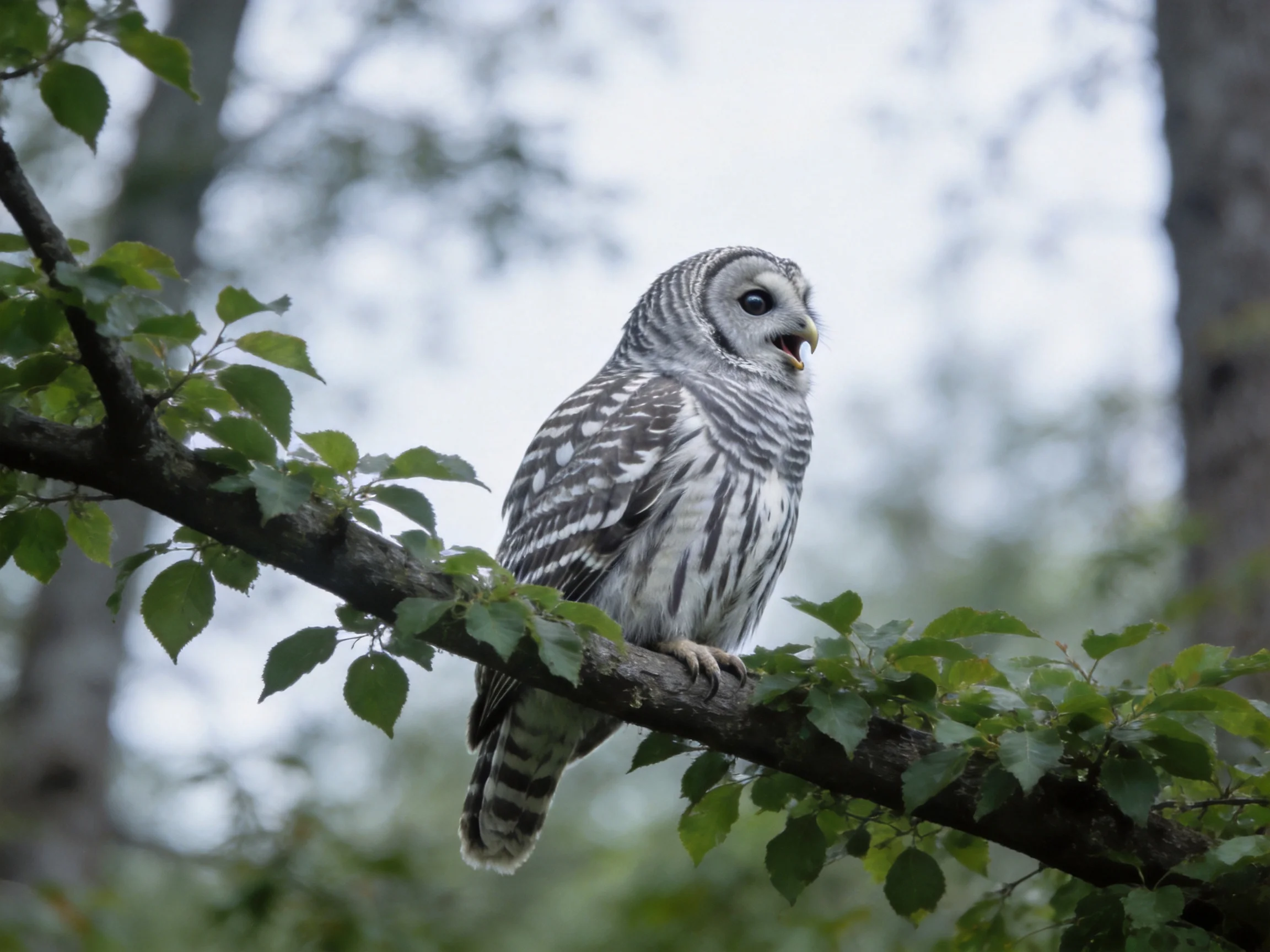A barred owl perched on a leafy tree branch in a forest