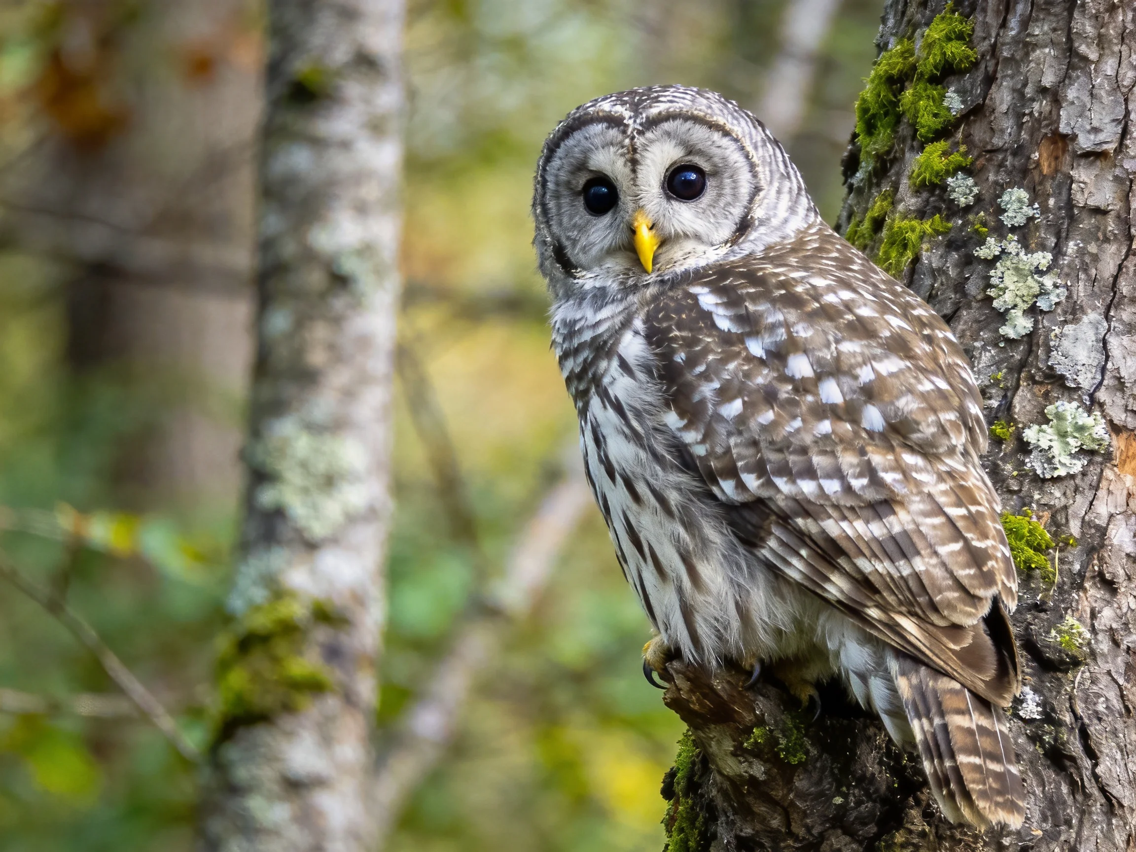 A barred owl perched on a moss-covered forest tree