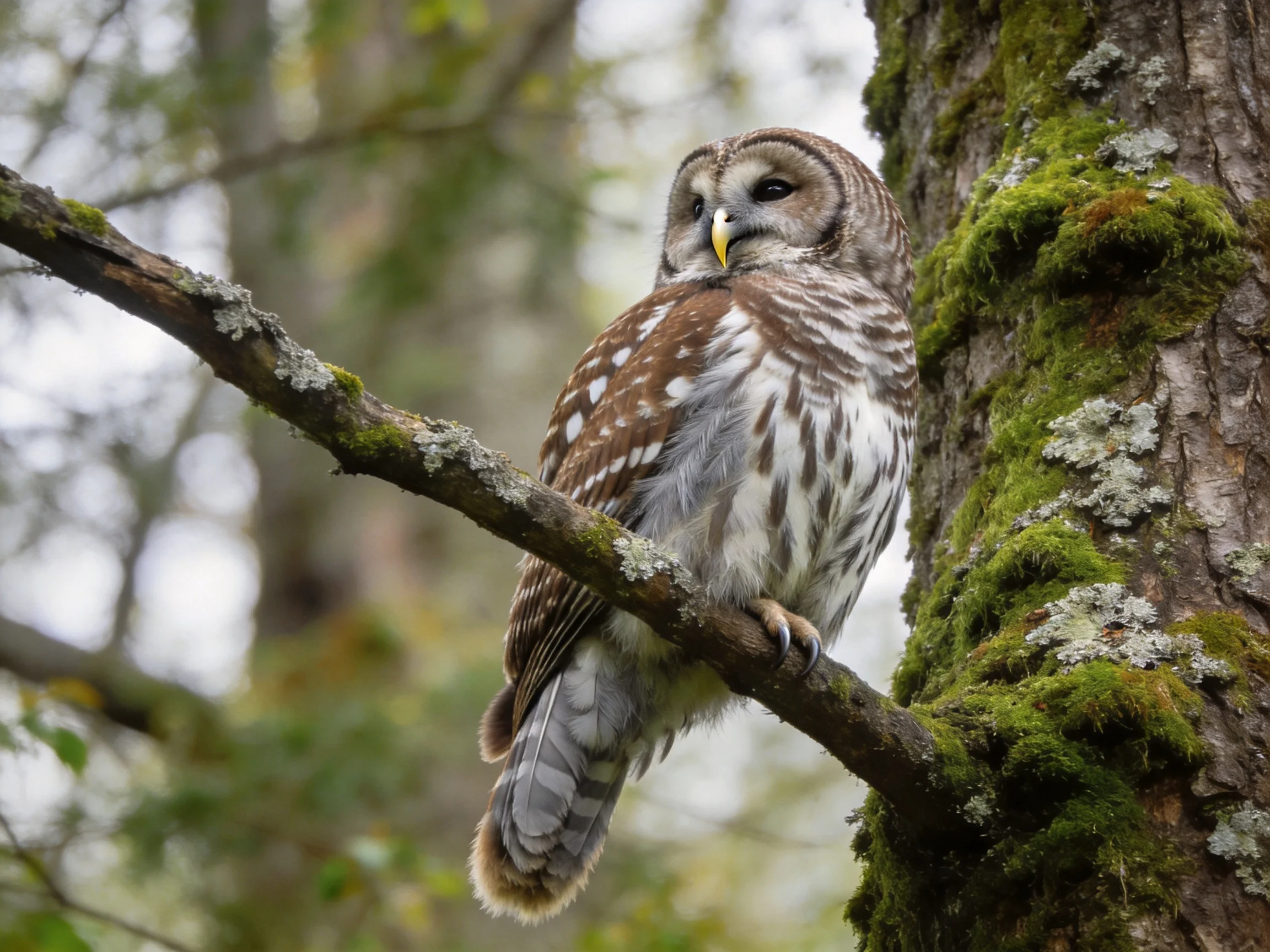 A barred owl perched on a moss-covered tree branch