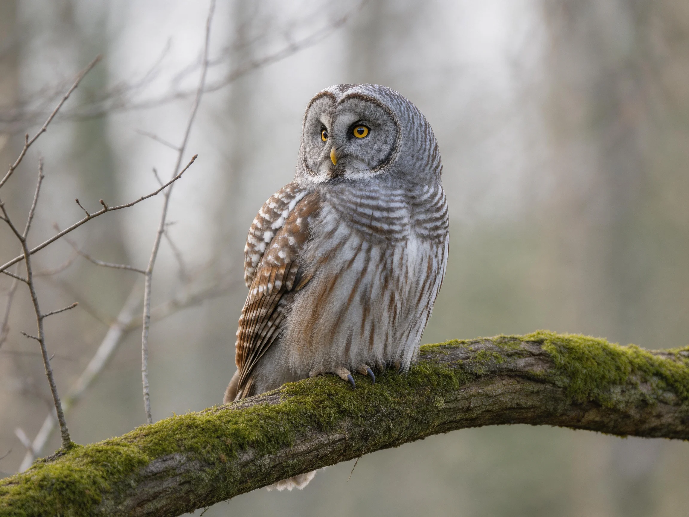 A barred owl perched on a moss-covered tree branch