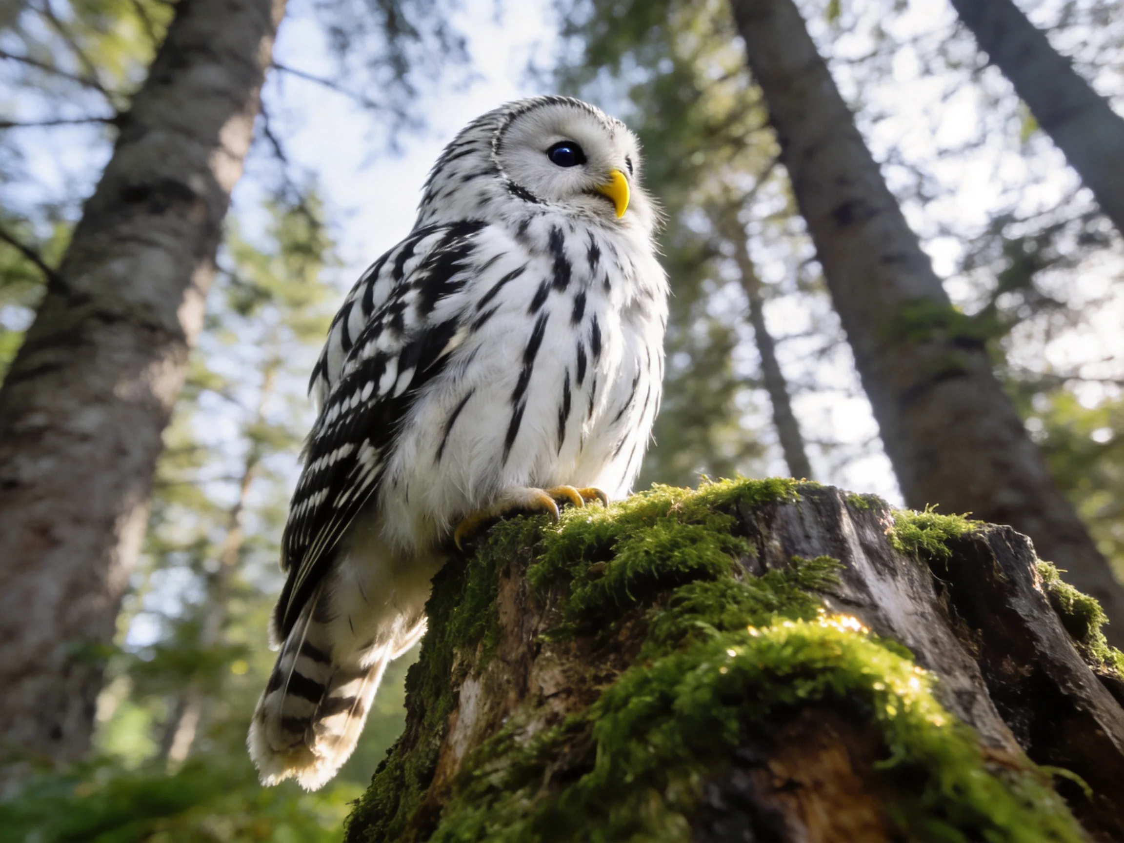 A barred owl perched on a mossy tree stump in a sunlit forest