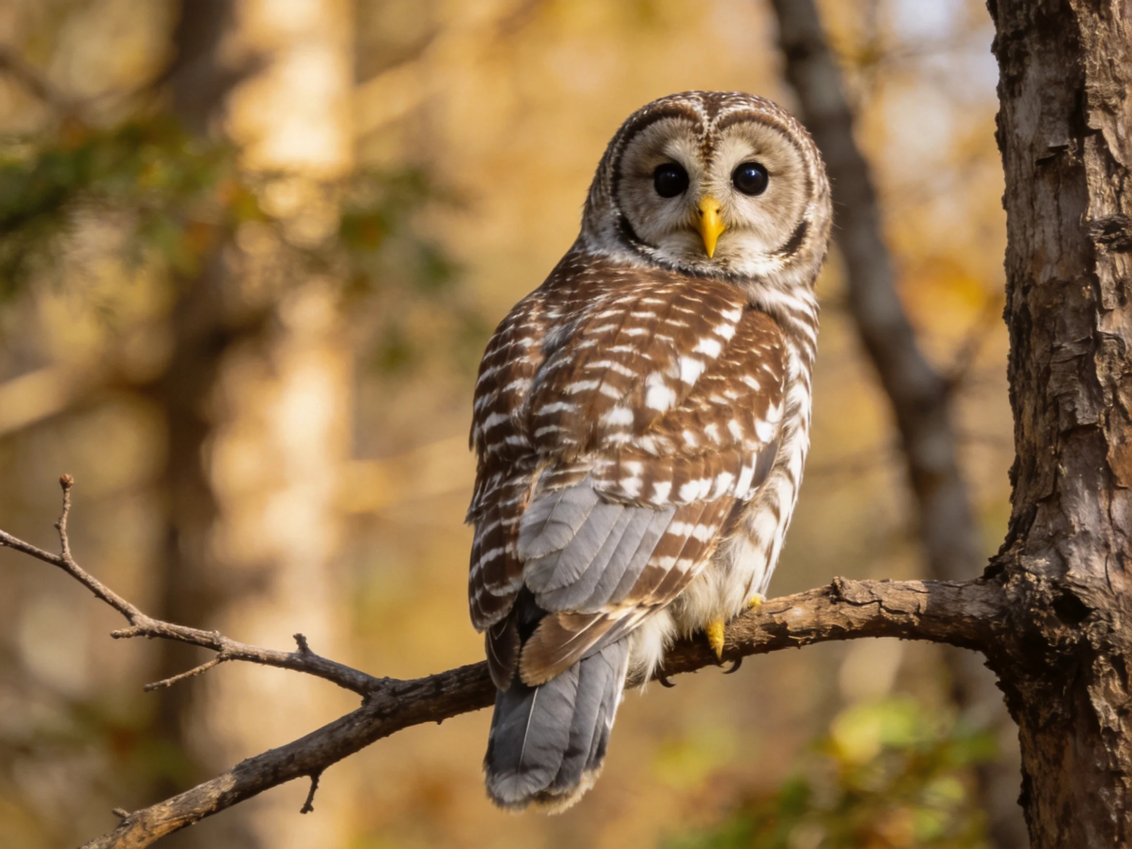 A barred owl perched on a tree branch amid autumn foliage