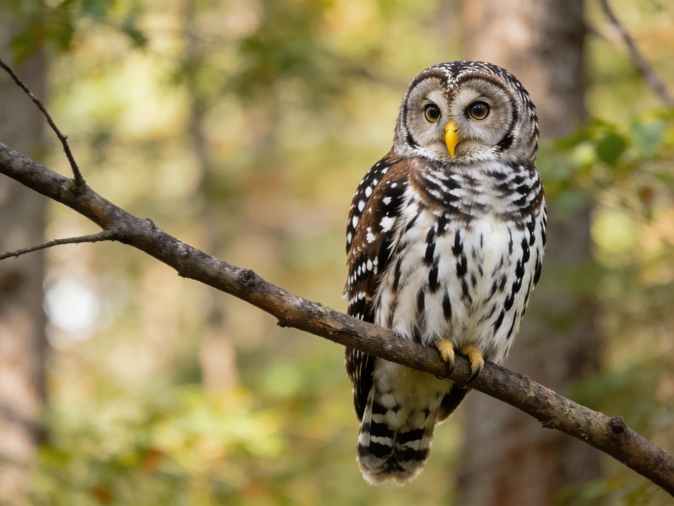 A barred owl perched on a tree branch in a forest