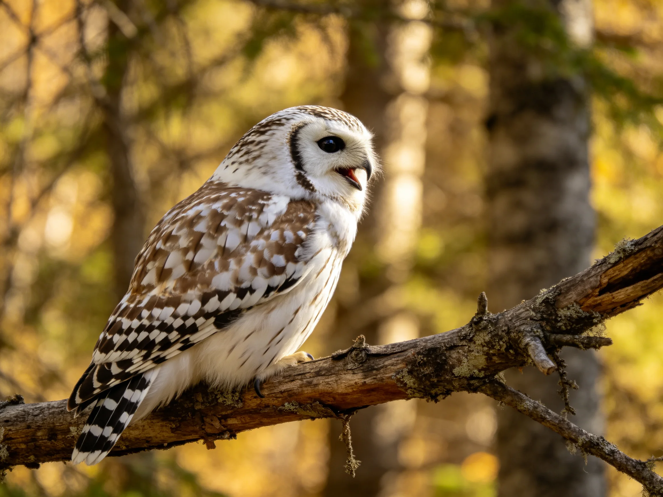 A barred owl perched on a weathered tree branch in golden light